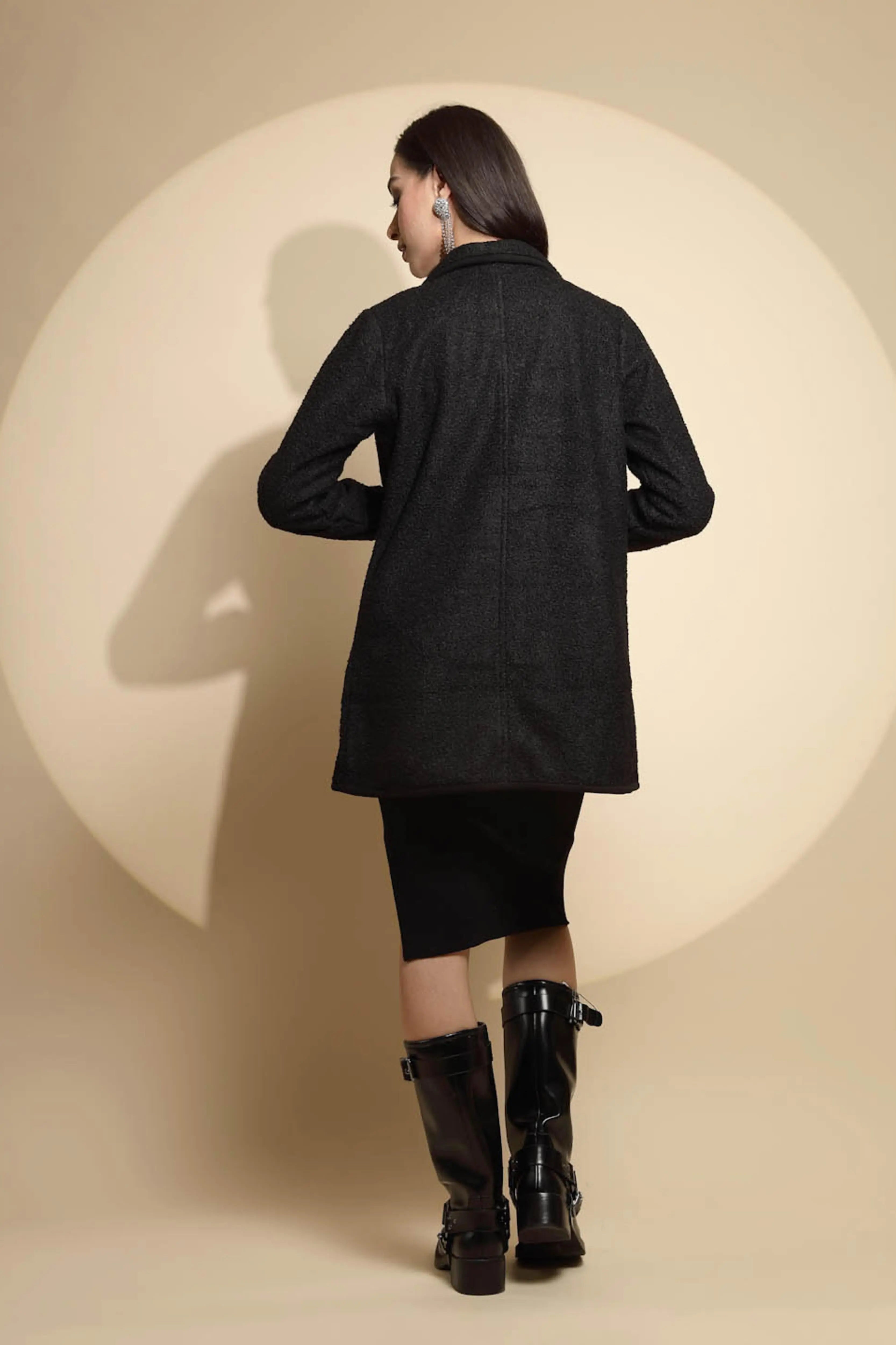 Black Solid Full Sleeve Collar Neck Knitted Winter Shrug - Global Republic