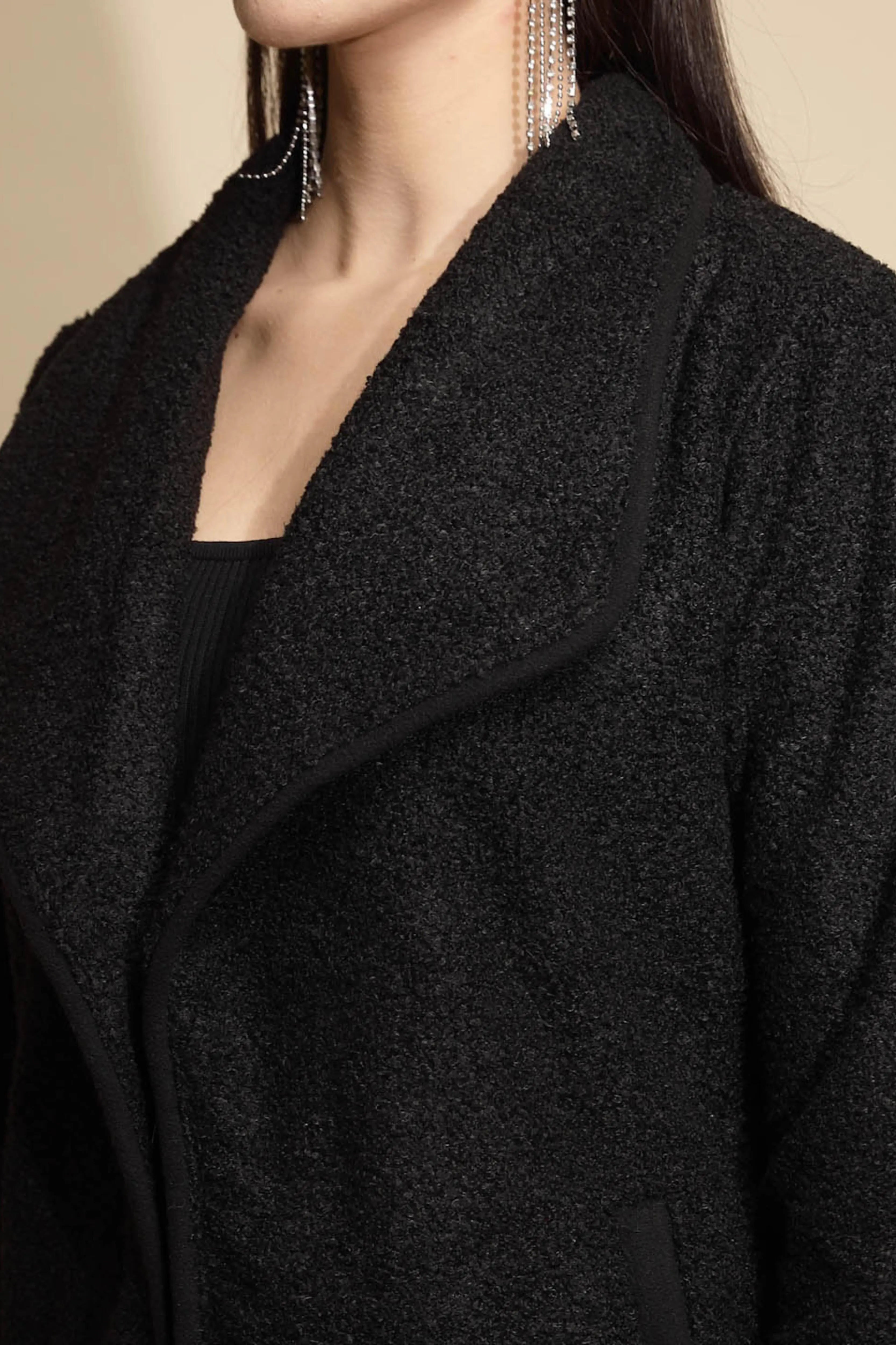 Black Solid Full Sleeve Collar Neck Knitted Winter Shrug - Global Republic