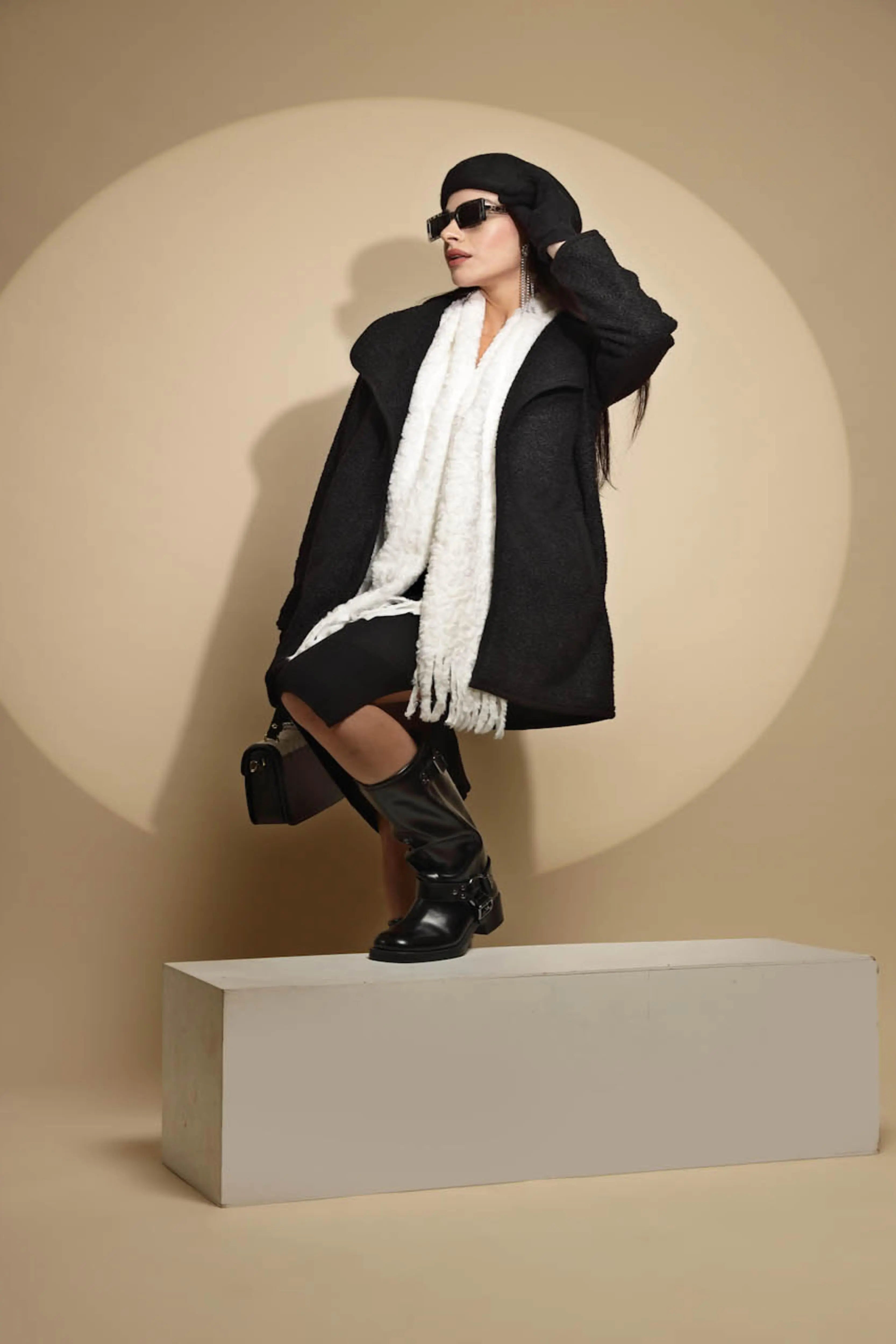 Black Solid Full Sleeve Collar Neck Knitted Winter Shrug - Global Republic