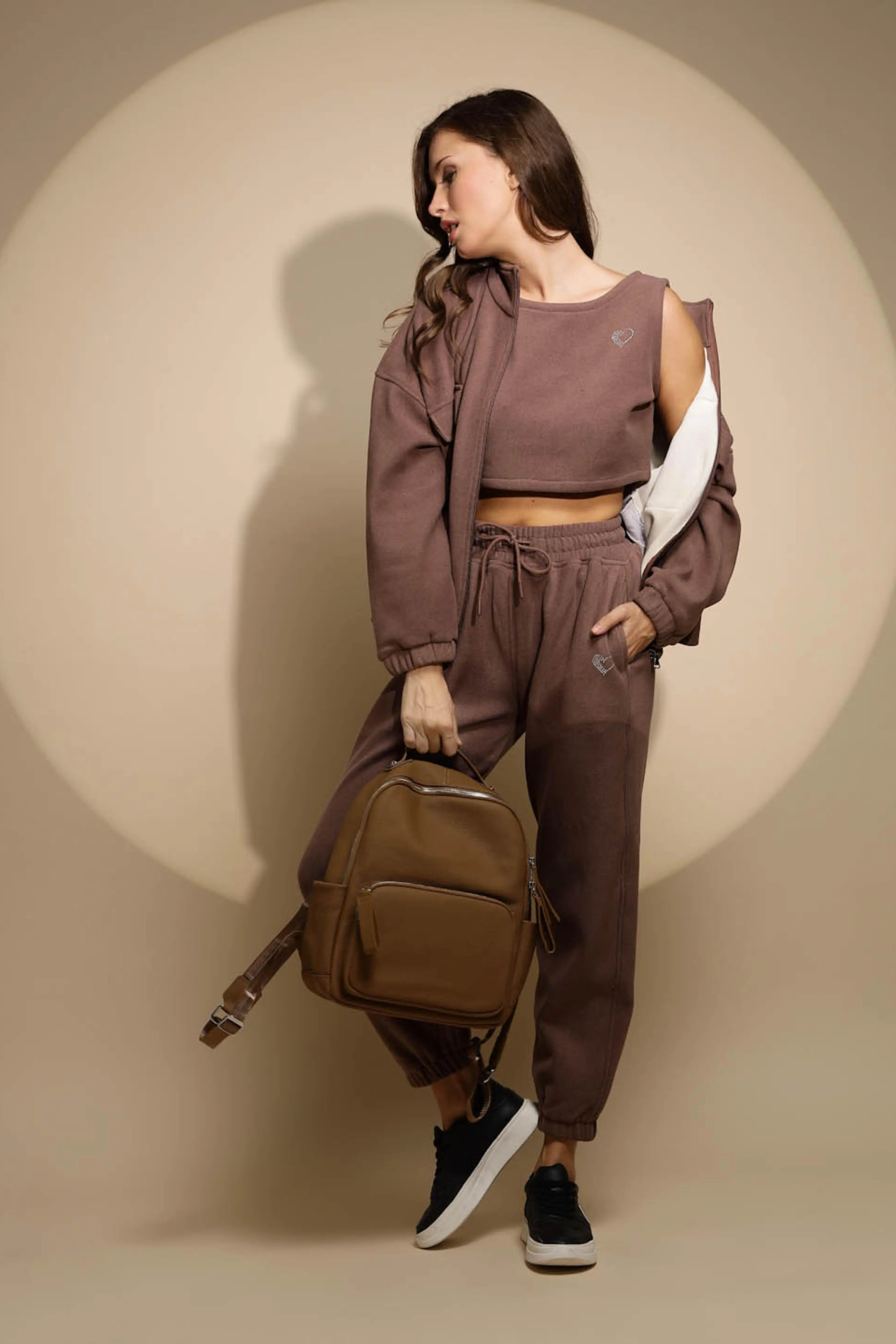 Women's Solid Turtle Neck Brown Co-ord Set - Global Republic