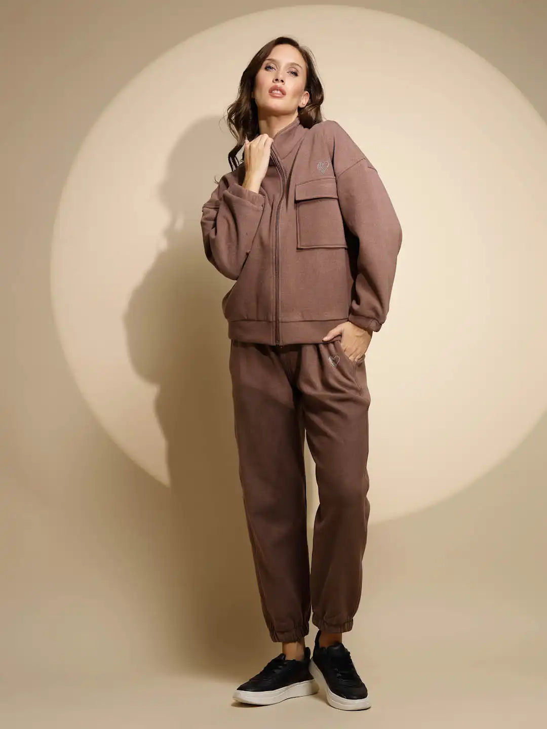 Women's Solid Turtle Neck Brown Co-ord Set - Global Republic