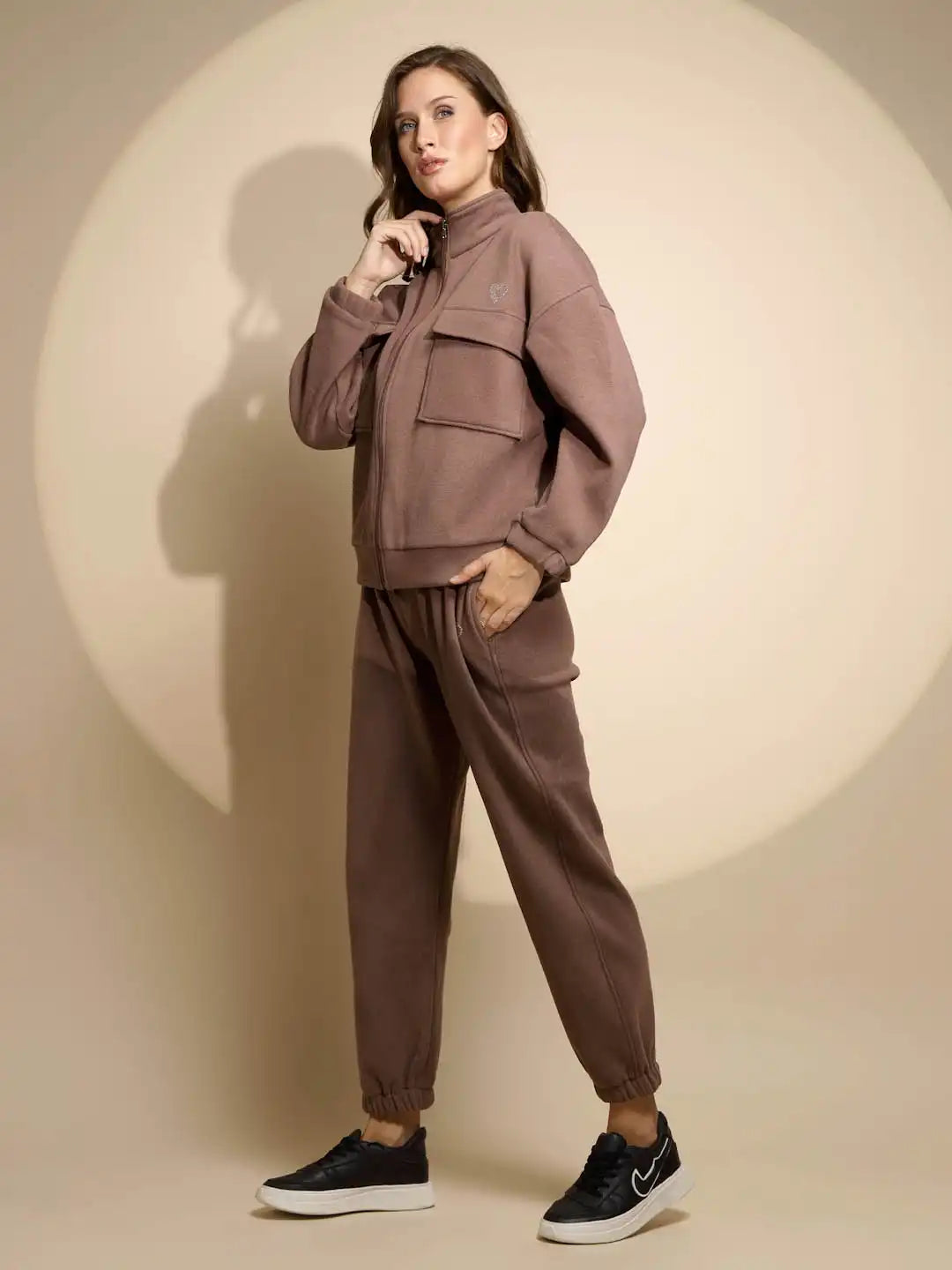 Women's Solid Turtle Neck Brown Co-ord Set - Global Republic