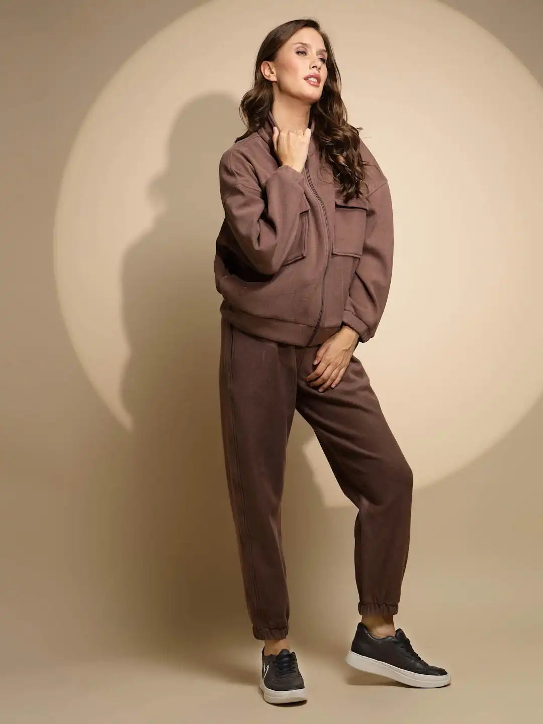 Women's Solid Turtle Neck Brown Co-ord Set - Global Republic