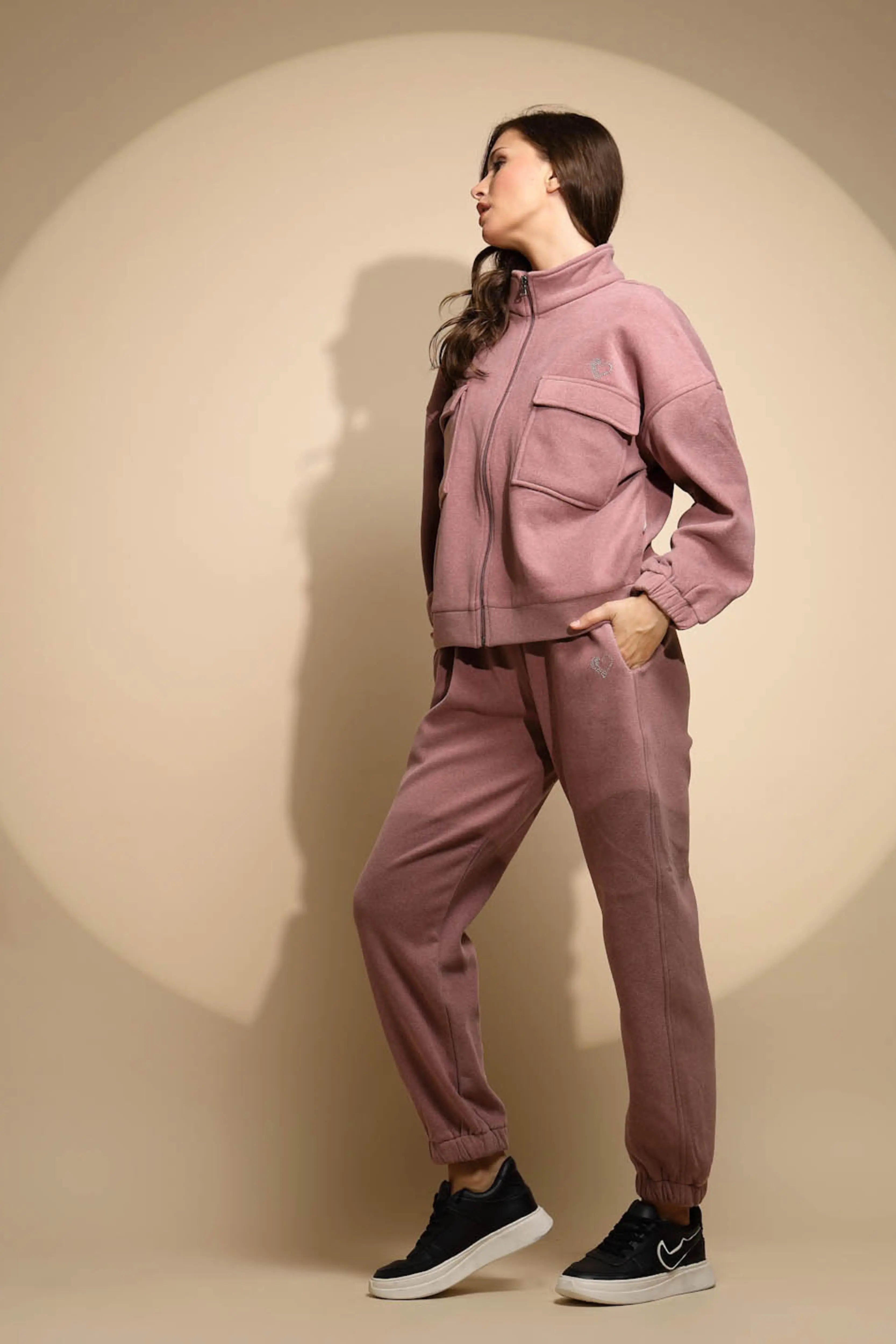Women's Solid Turtle Neck Pink Co-ord Set - Global Republic