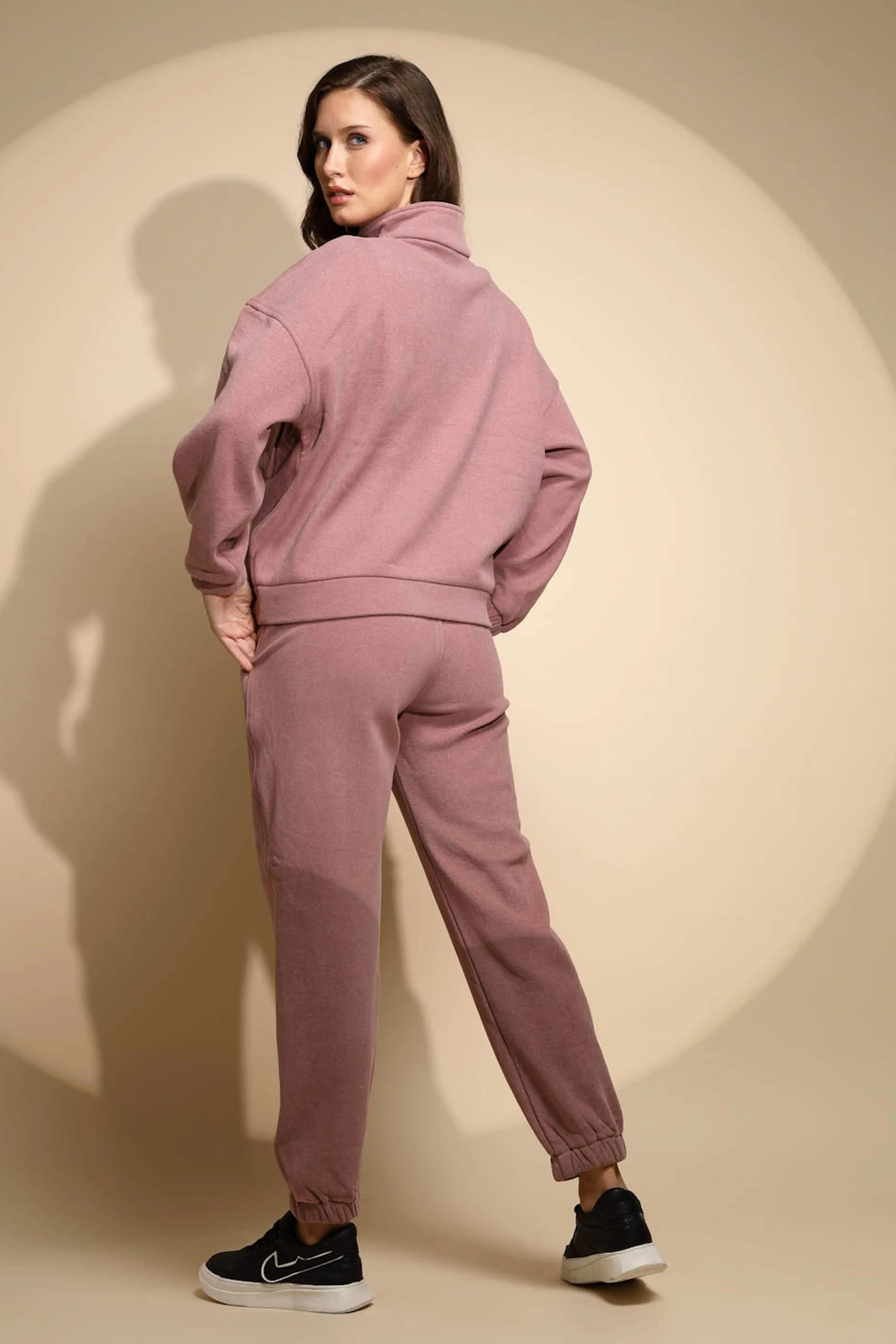 Women's Solid Turtle Neck Pink Co-ord Set - Global Republic