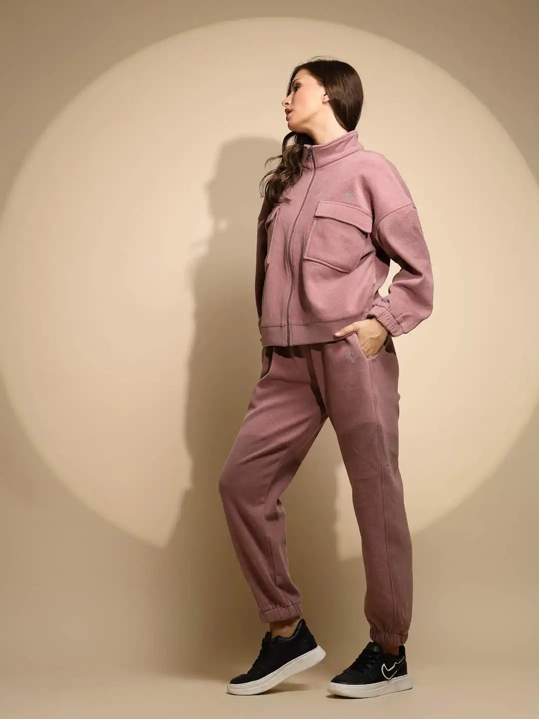 Women's Solid Turtle Neck Pink Co-ord Set - Global Republic