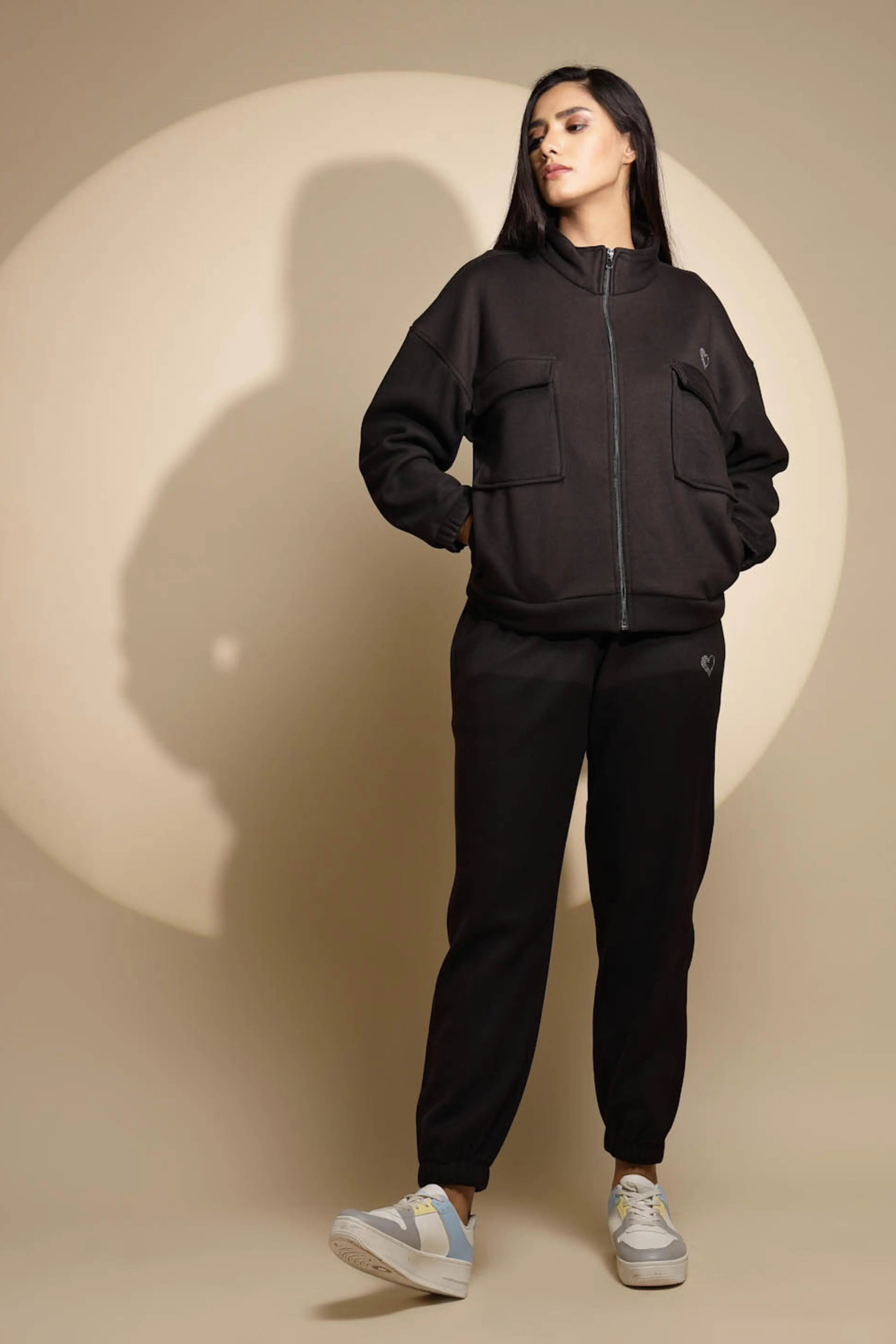 Women's Solid Turtle Neck Black Co-ord Set - Global Republic