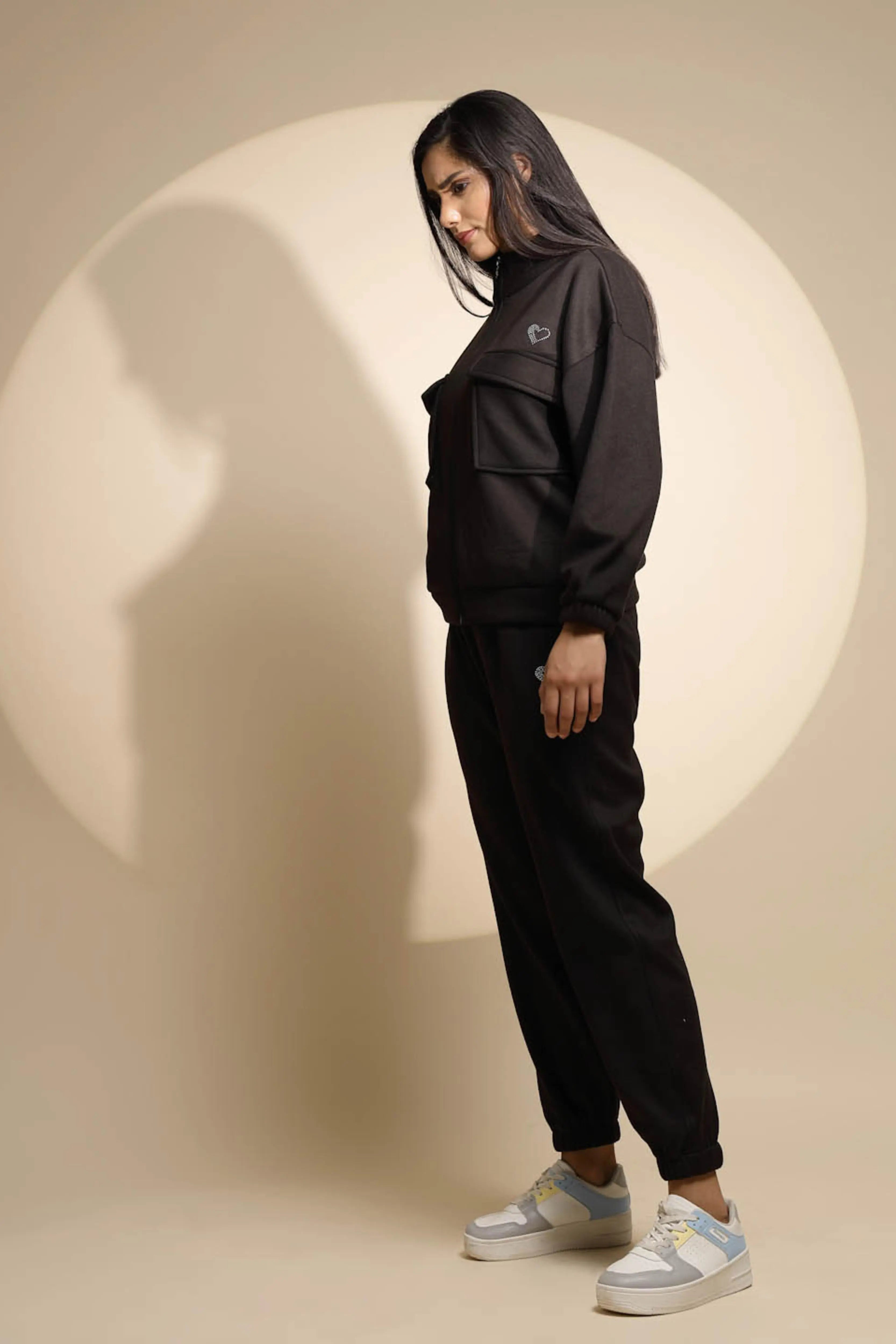 Women's Solid Turtle Neck Black Co-ord Set - Global Republic