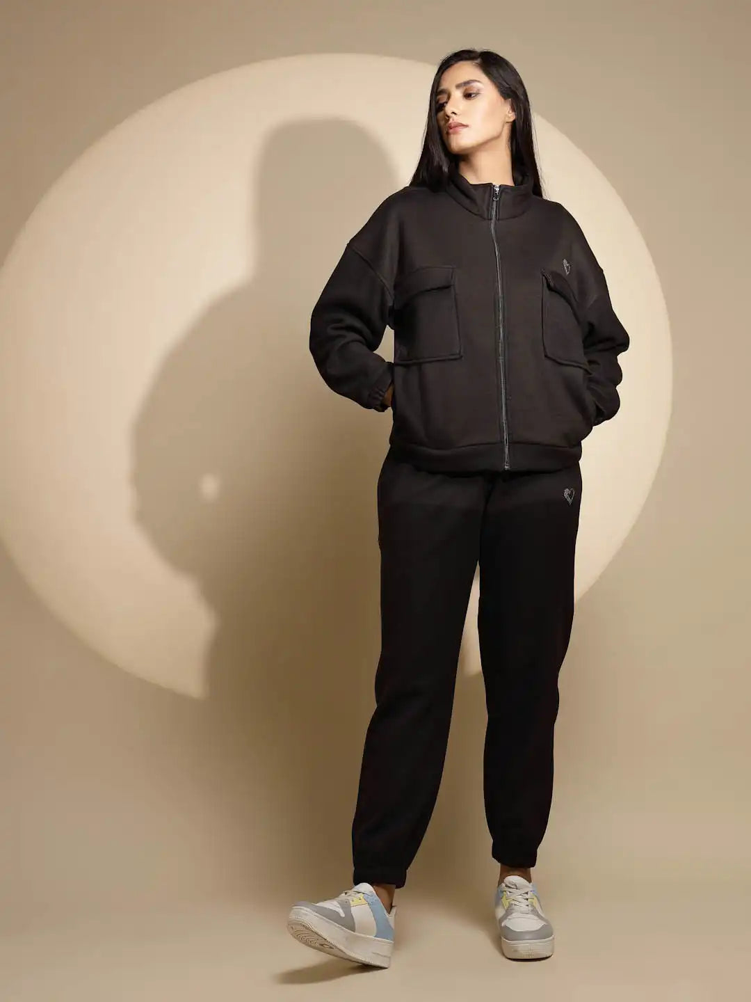 Women's Solid Turtle Neck Black Co-ord Set - Global Republic