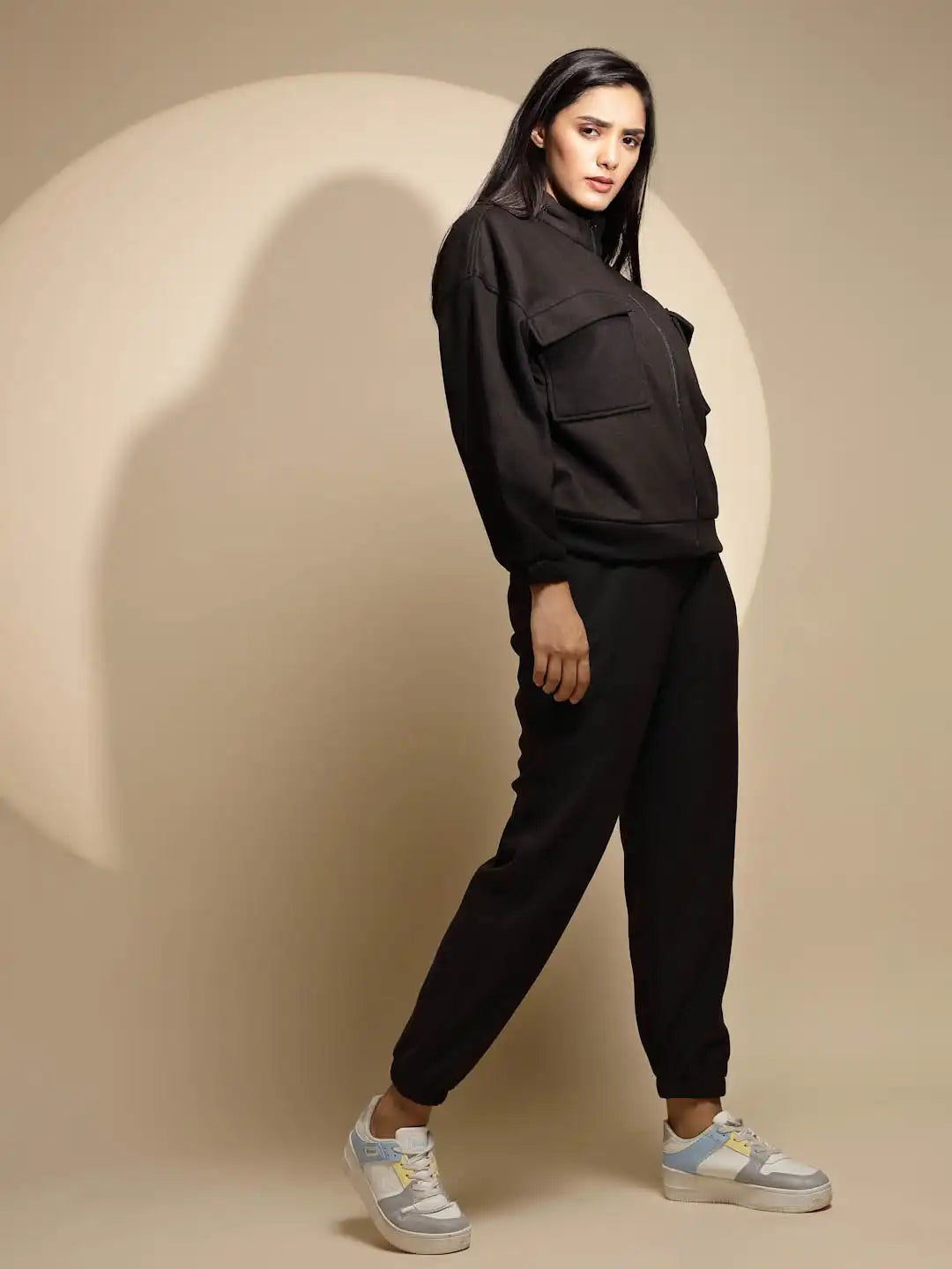 Women's Solid Turtle Neck Black Co-ord Set - Global Republic