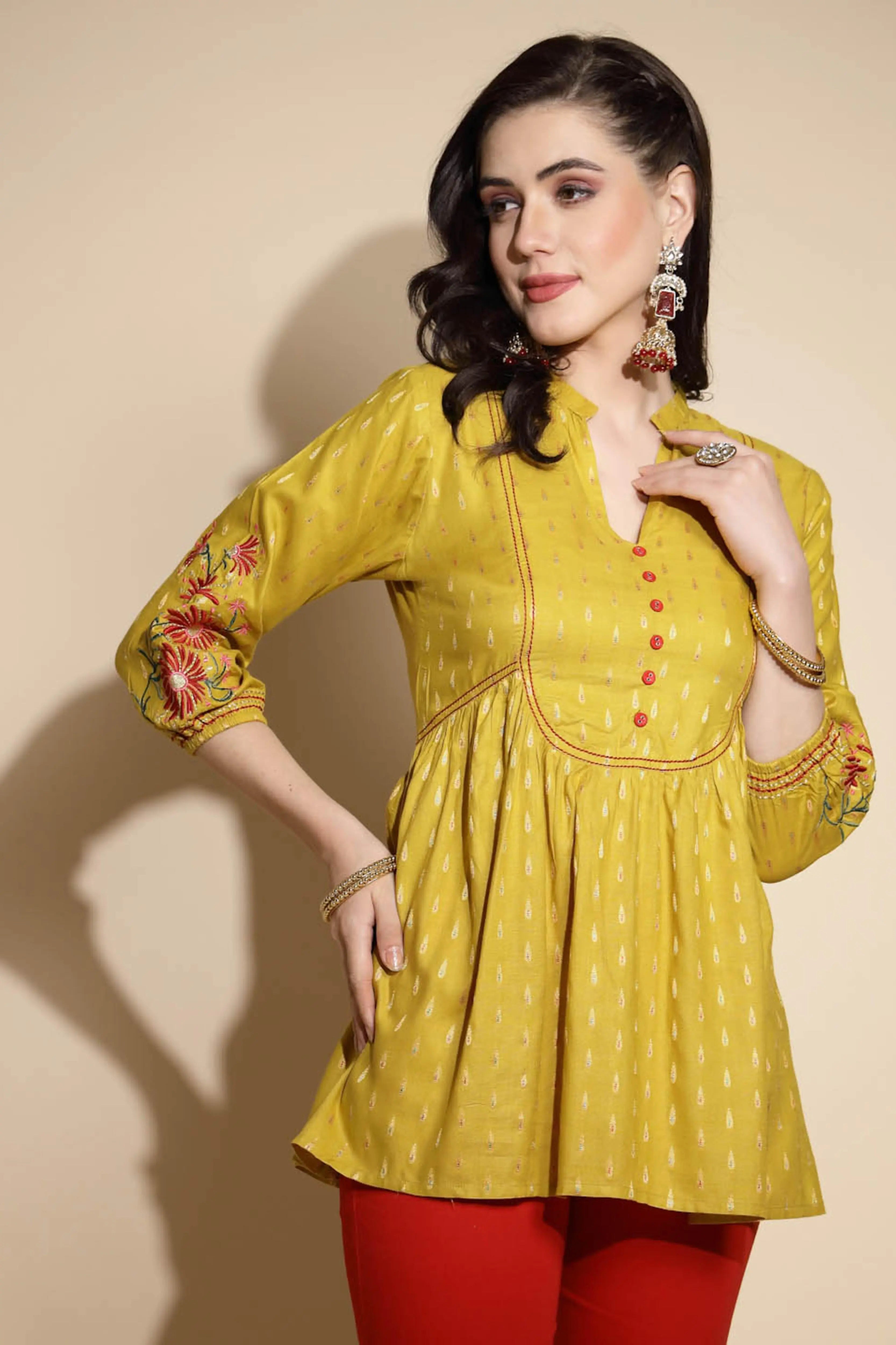 Mustard Embroidered Three Quarter Sleeves Mandarin Collar Tunic - Global Republic