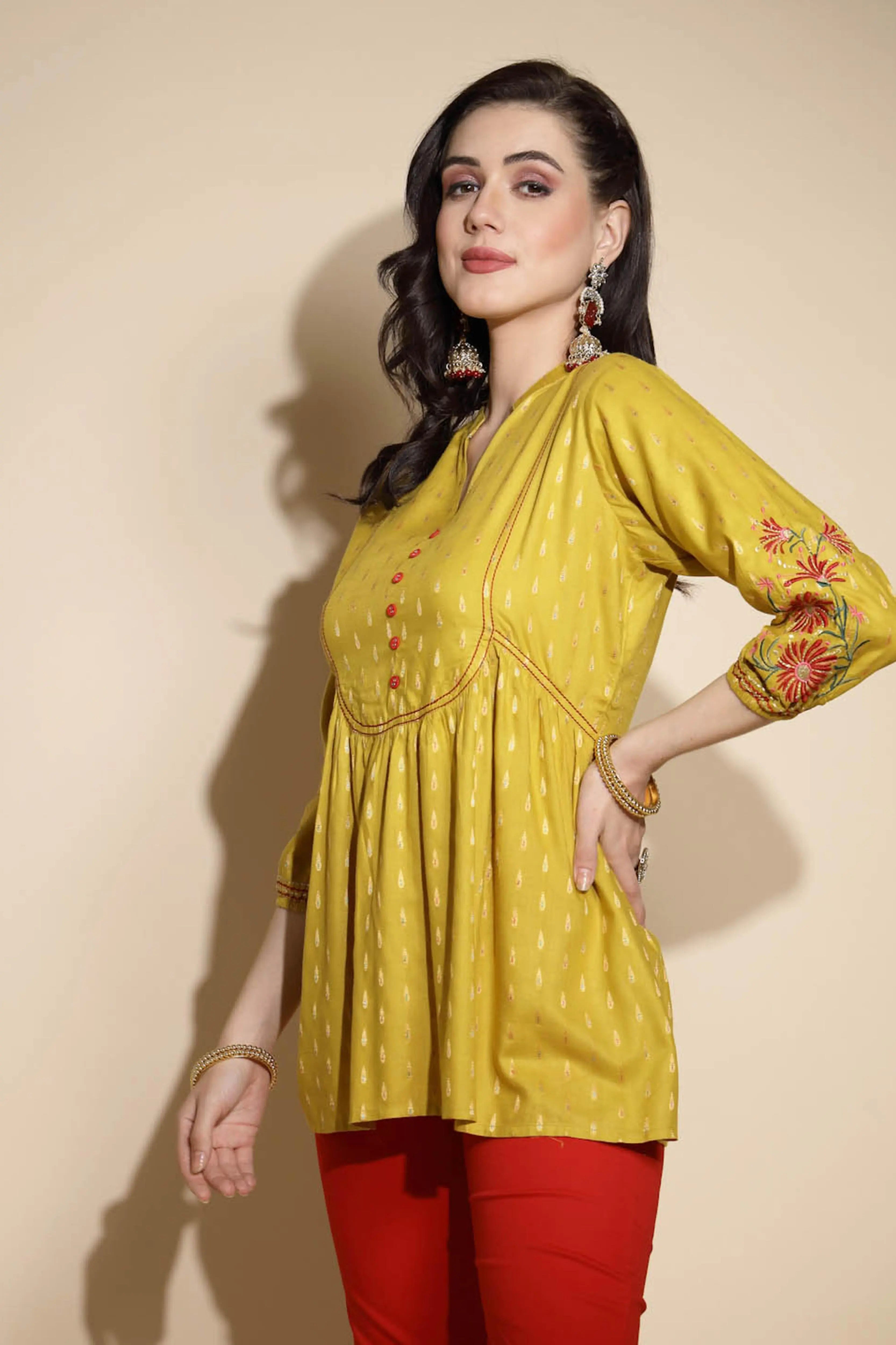 Mustard Embroidered Three Quarter Sleeves Mandarin Collar Tunic - Global Republic