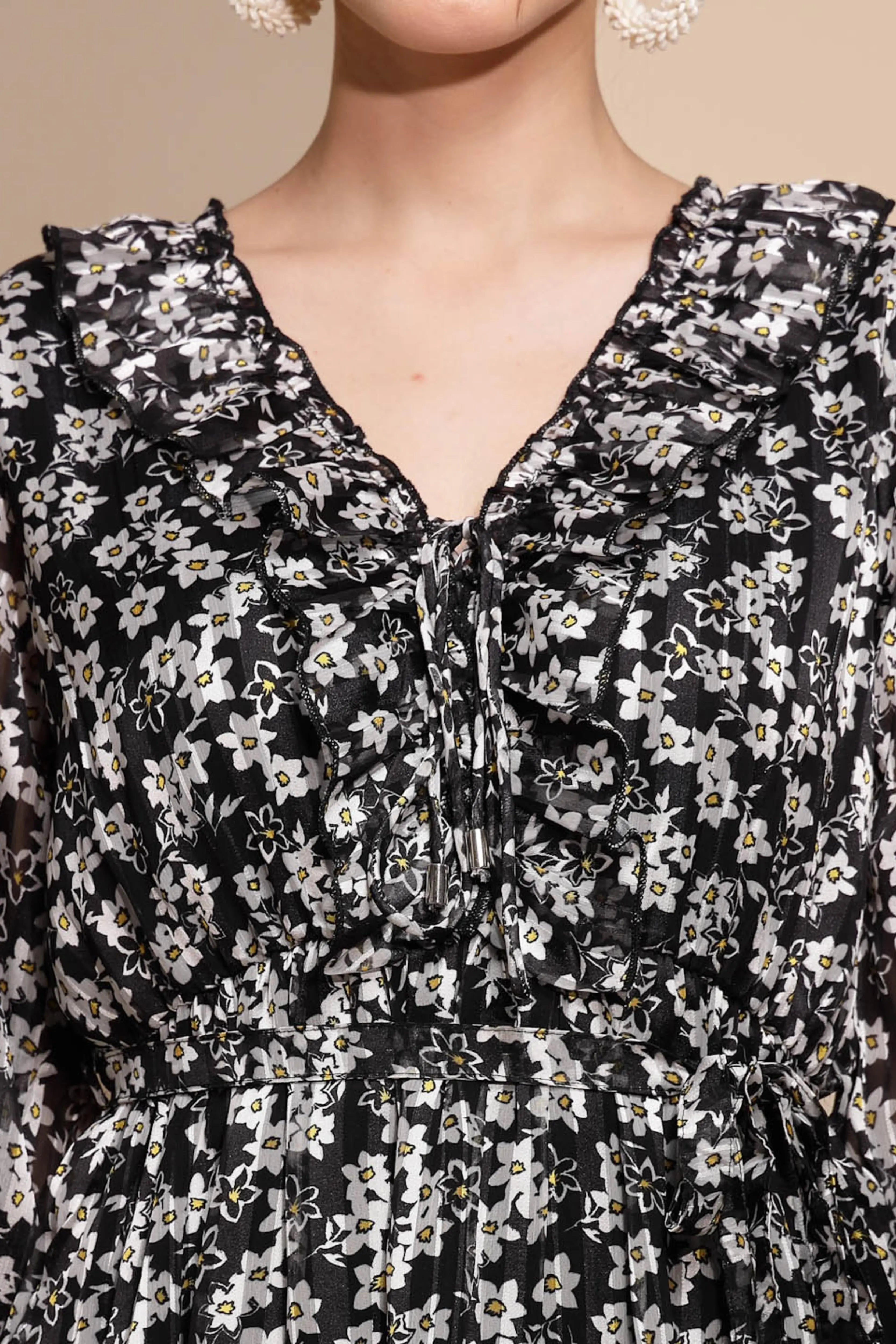 Women's Printed V-Neck Black Dress - Global Republic