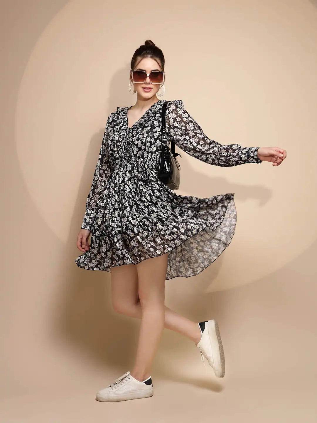 Women's Printed V-Neck Black Dress - Global Republic