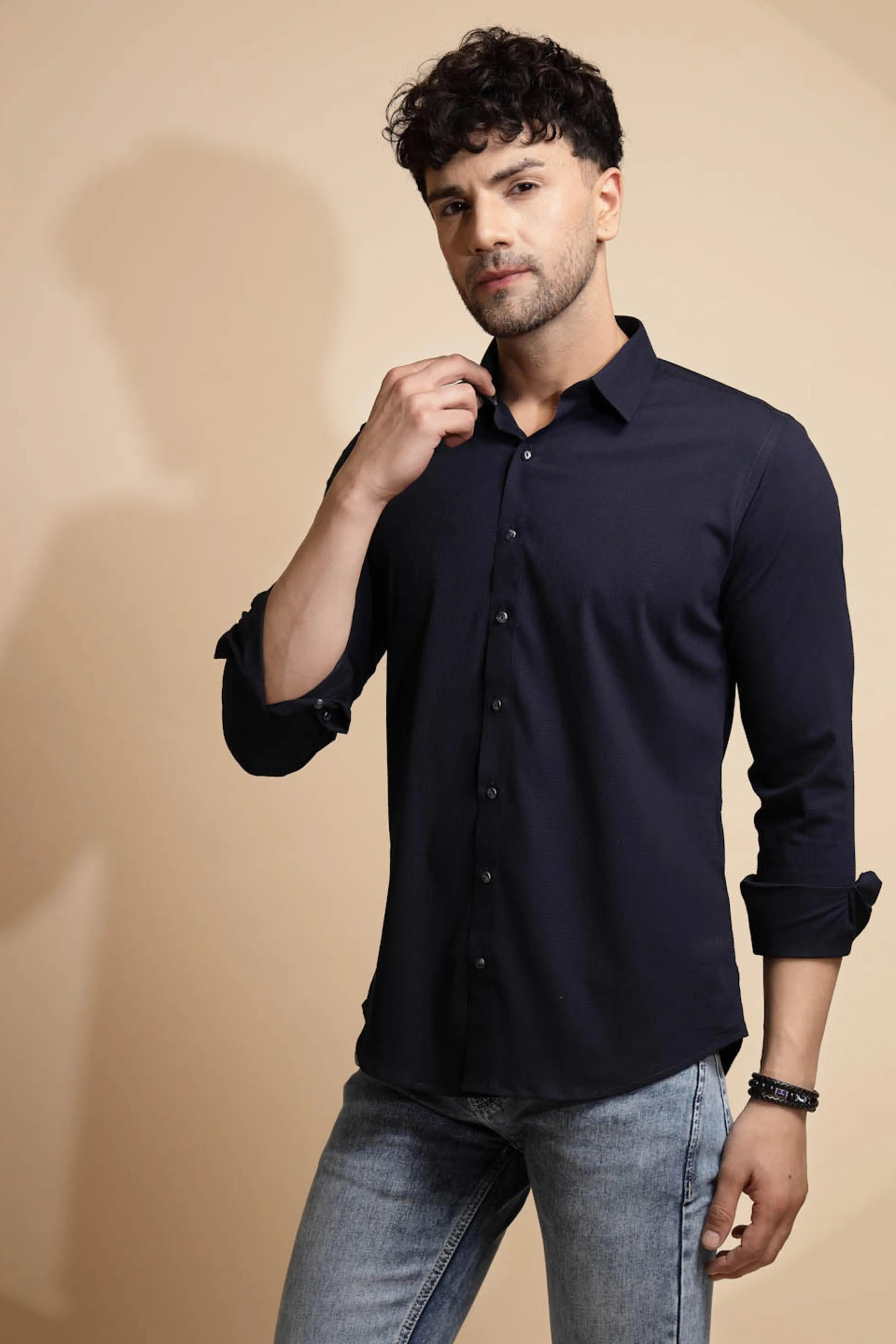 Navy Blue Solid Full Sleeve Collared Neck Shirt - Global Republic