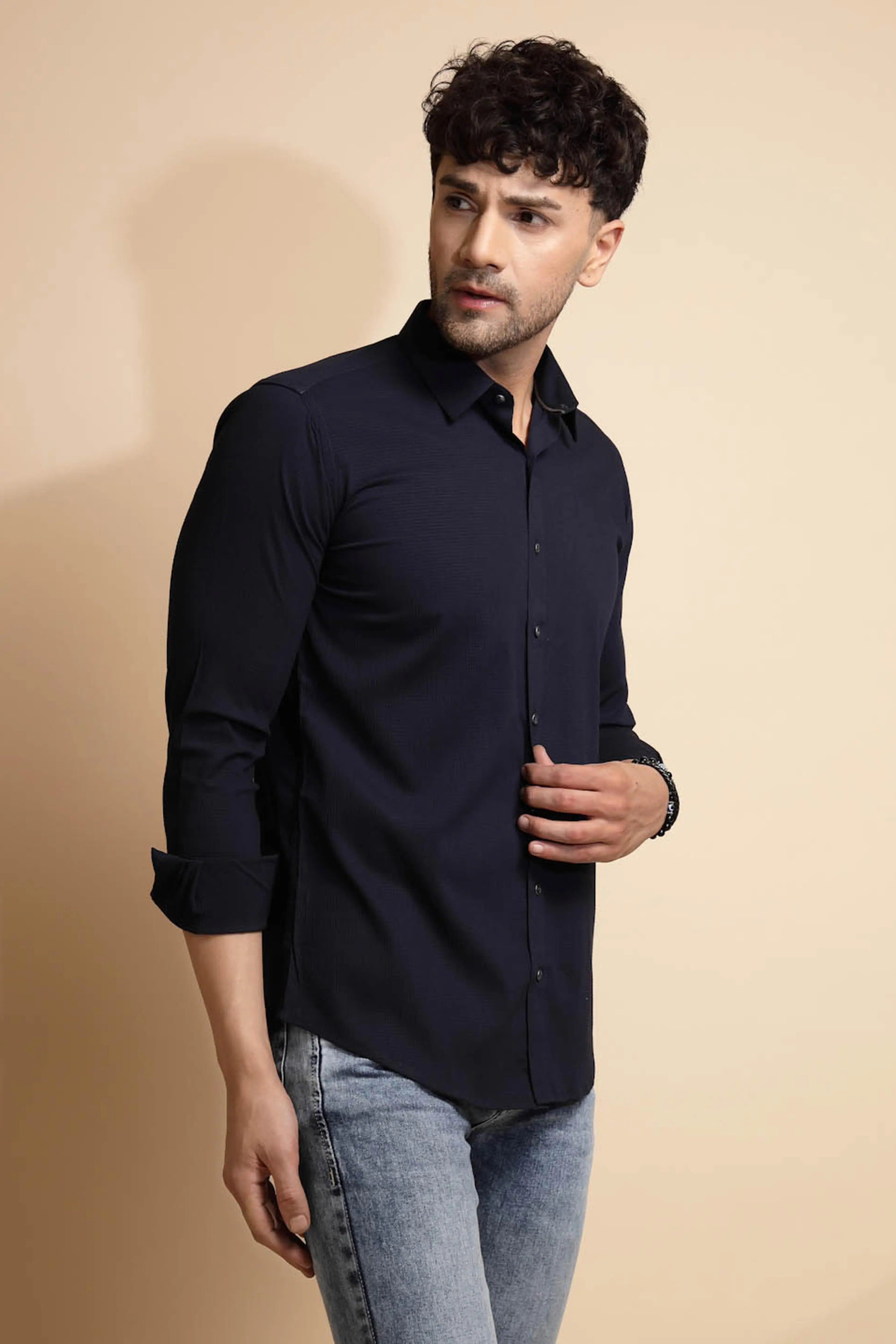 Navy Blue Solid Full Sleeve Collared Neck Shirt - Global Republic