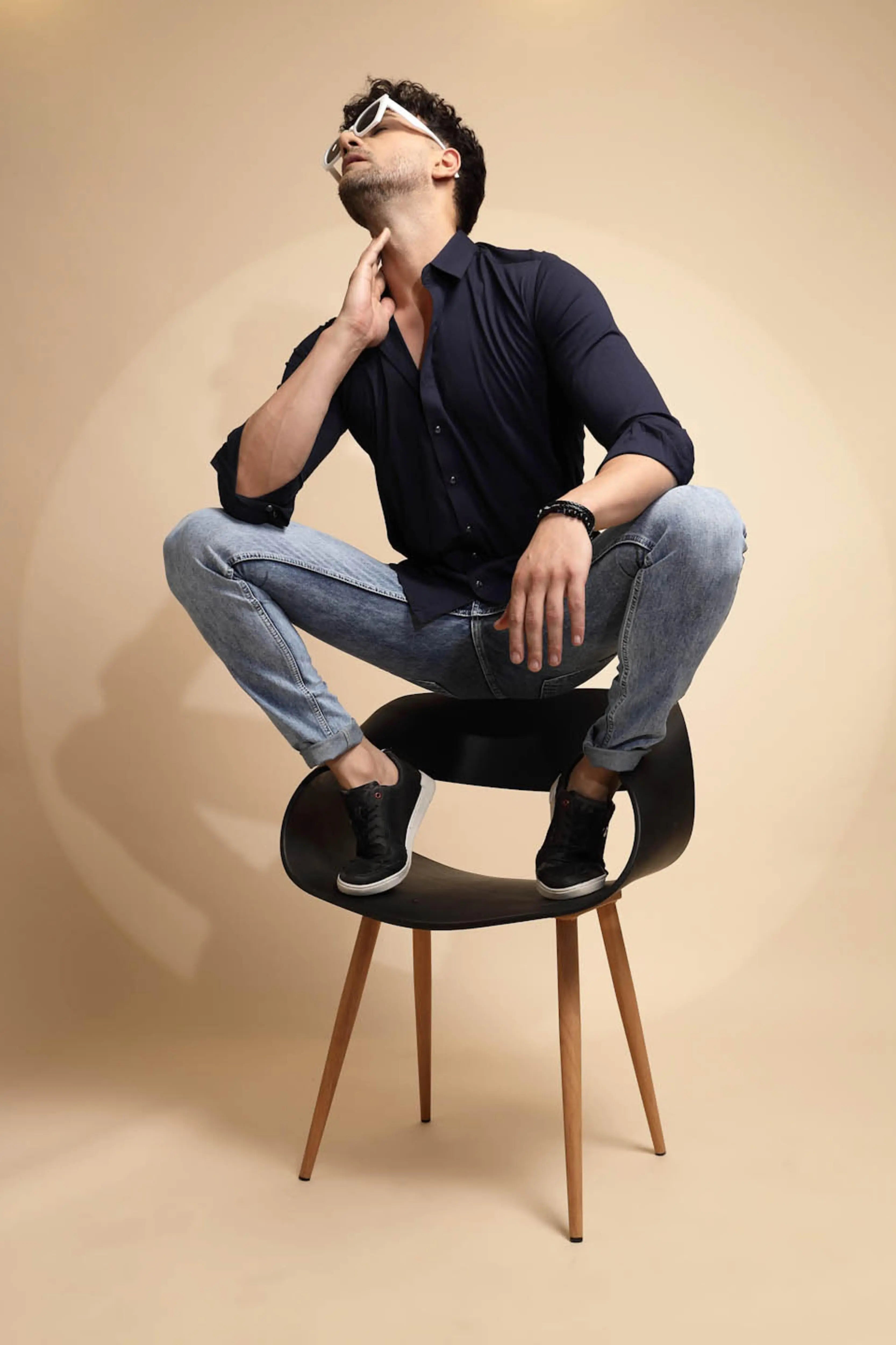 Navy Blue Solid Full Sleeve Collared Neck Shirt - Global Republic