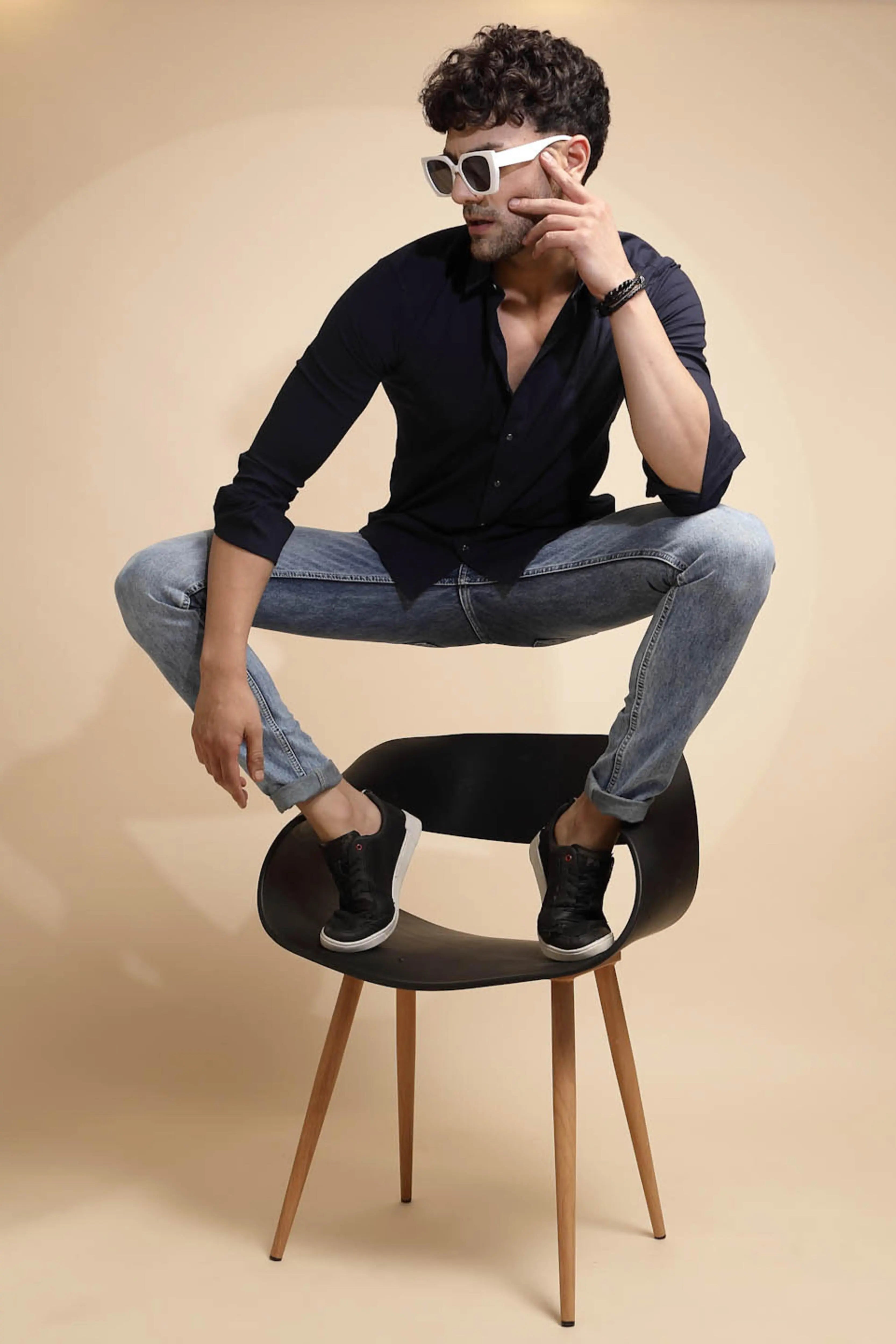 Navy Blue Solid Full Sleeve Collared Neck Shirt - Global Republic