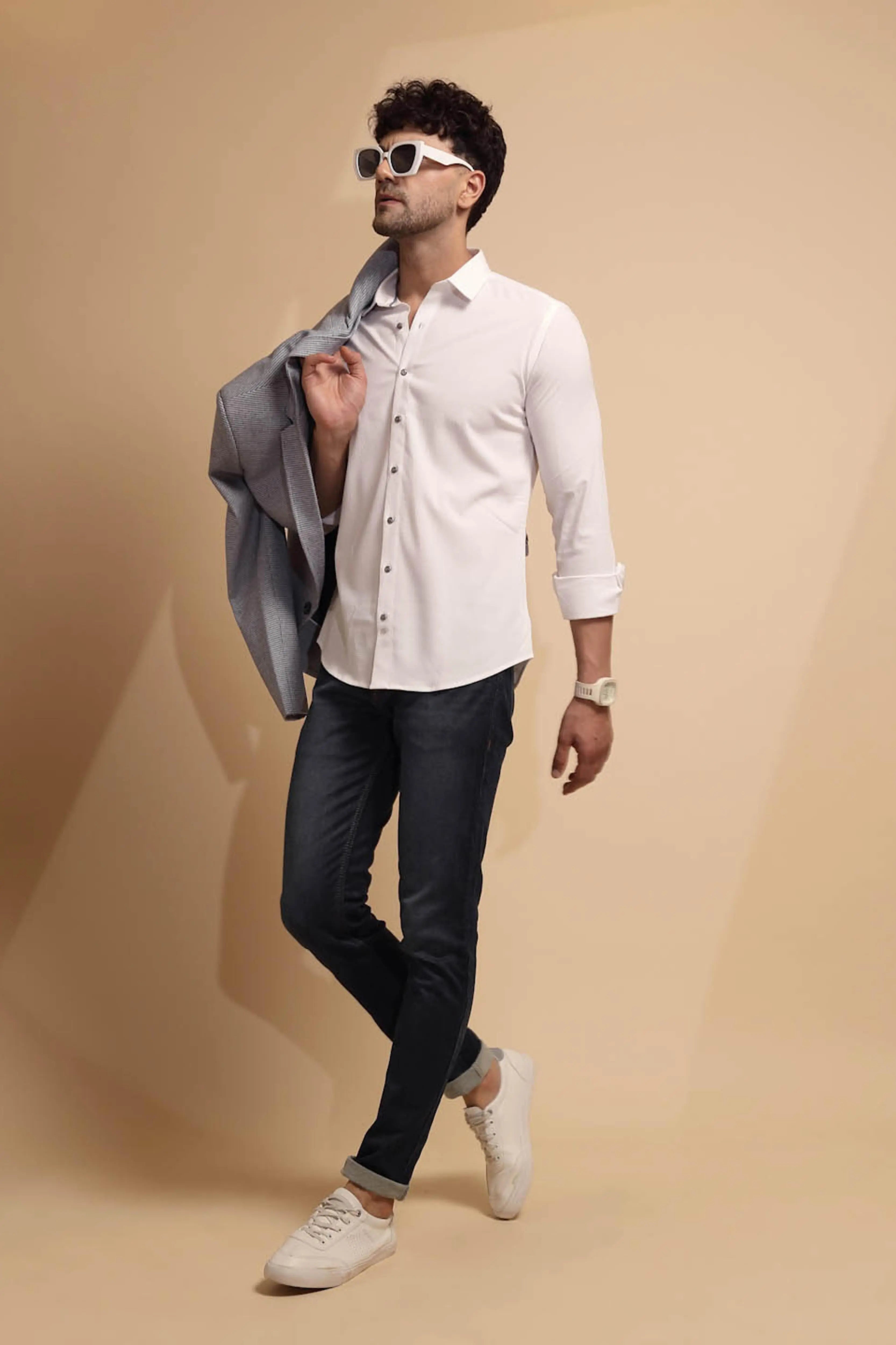 White Solid Full Sleeve Collared Neck Shirt - Global Republic