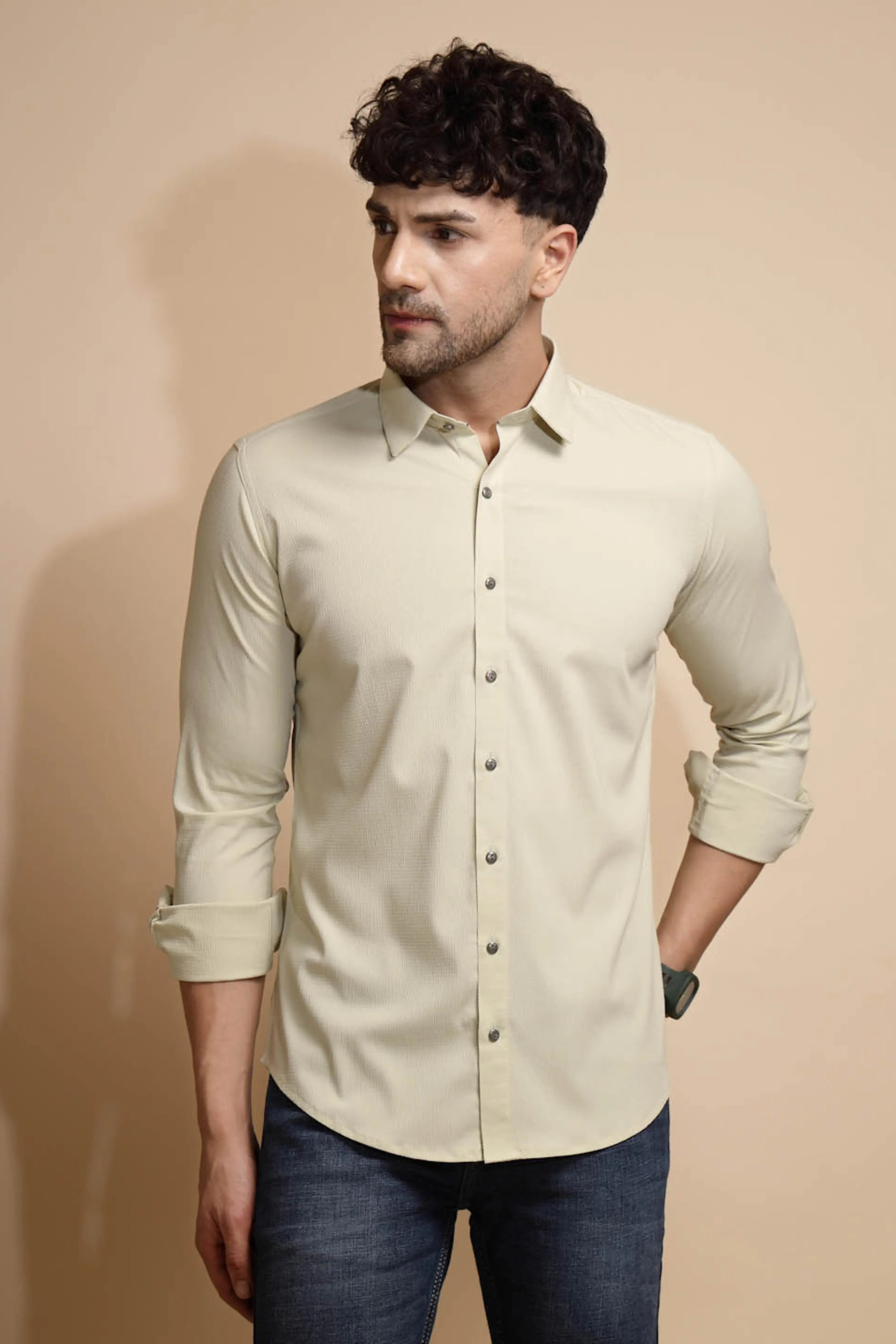 Off White Solid Full Sleeve Collared Neck  Shirt - Global Republic