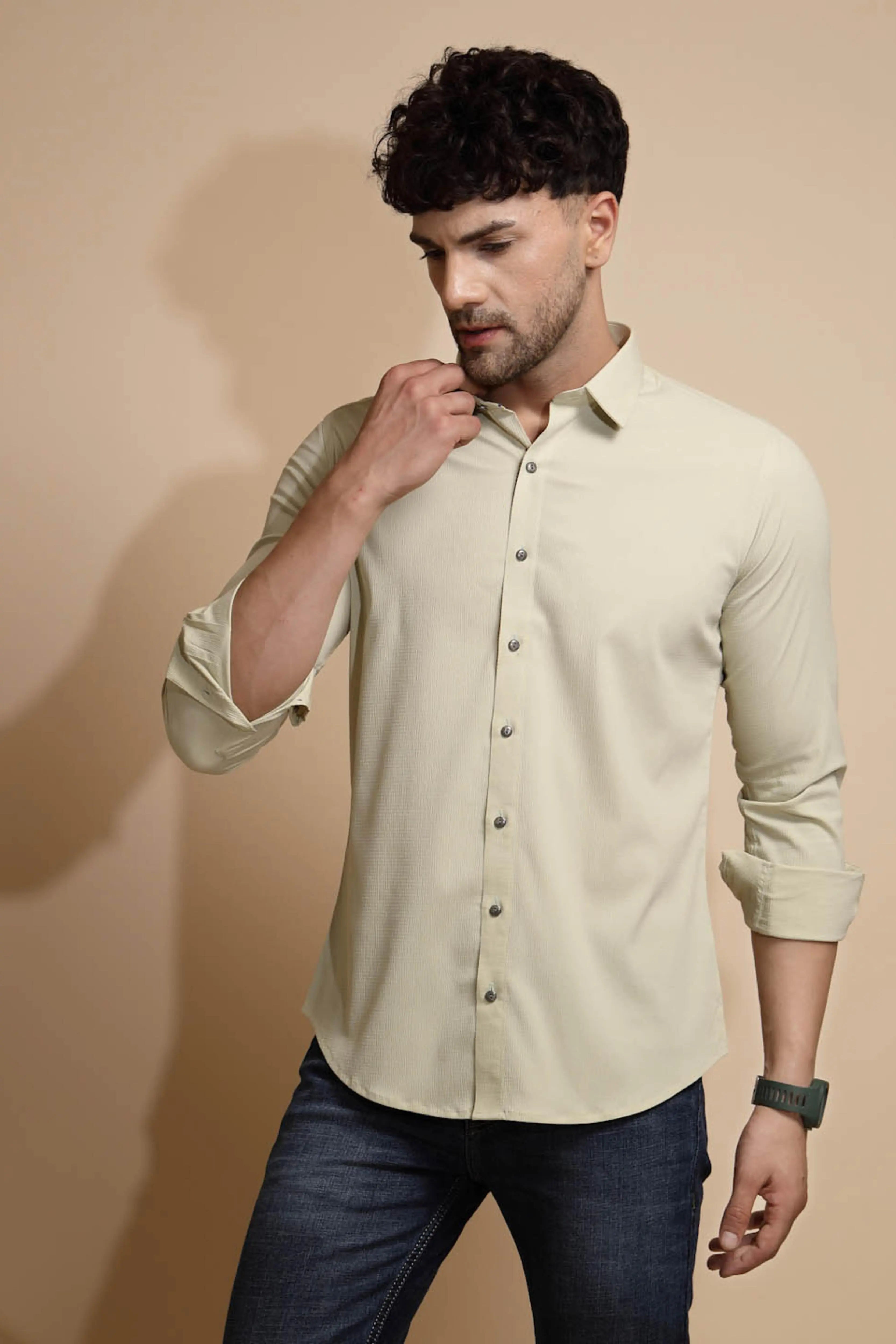 Off White Solid Full Sleeve Collared Neck  Shirt - Global Republic