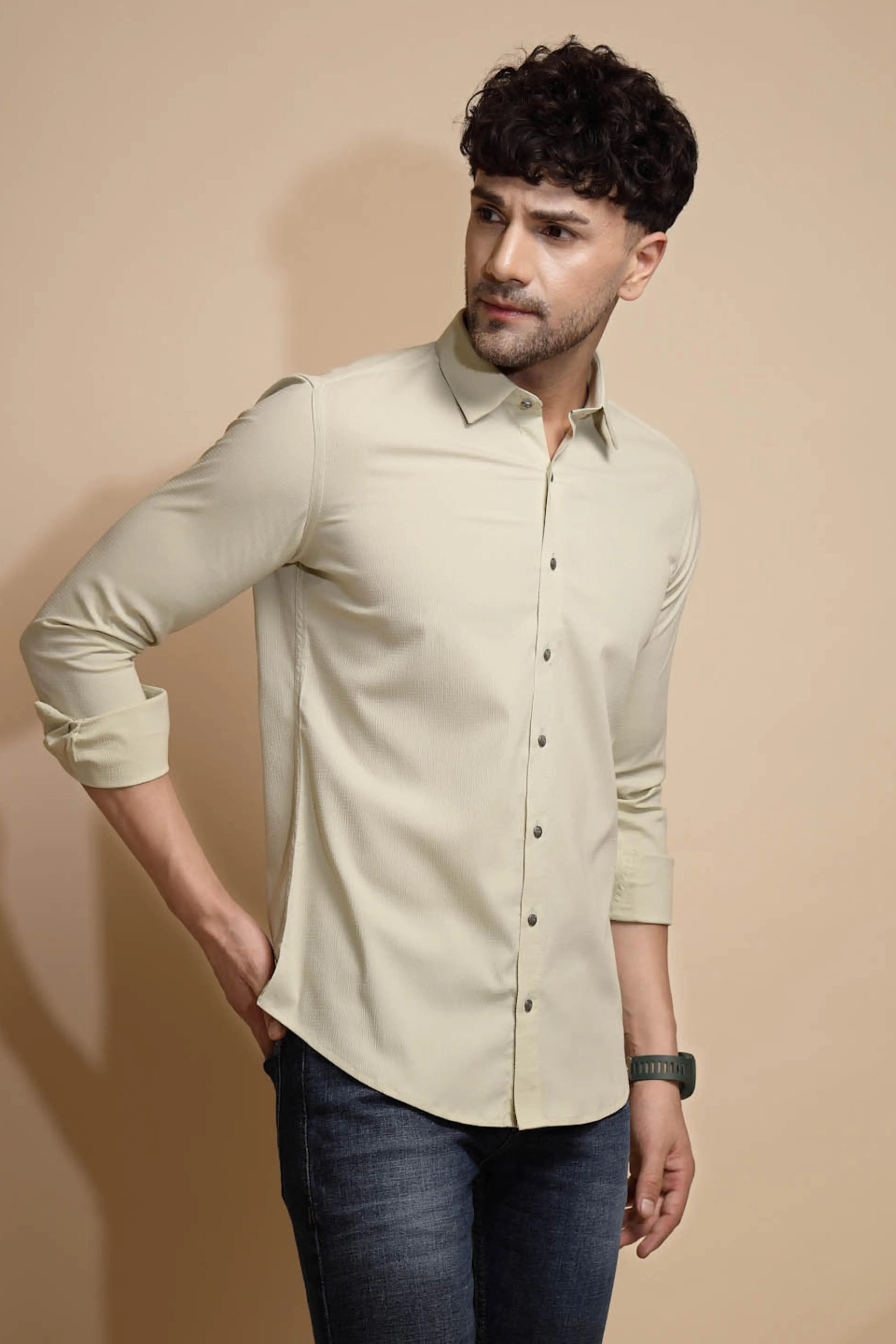 Off White Solid Full Sleeve Collared Neck  Shirt - Global Republic