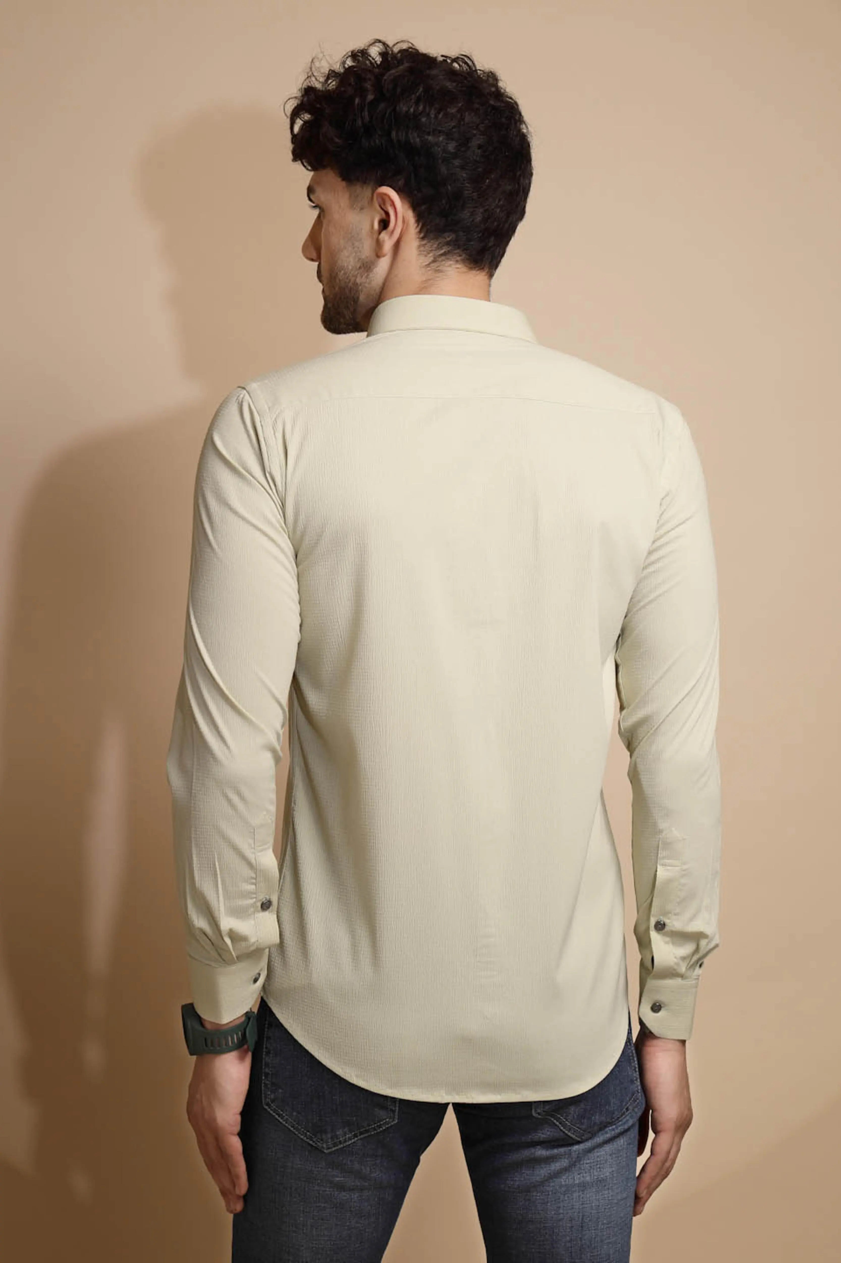 Off White Solid Full Sleeve Collared Neck  Shirt - Global Republic