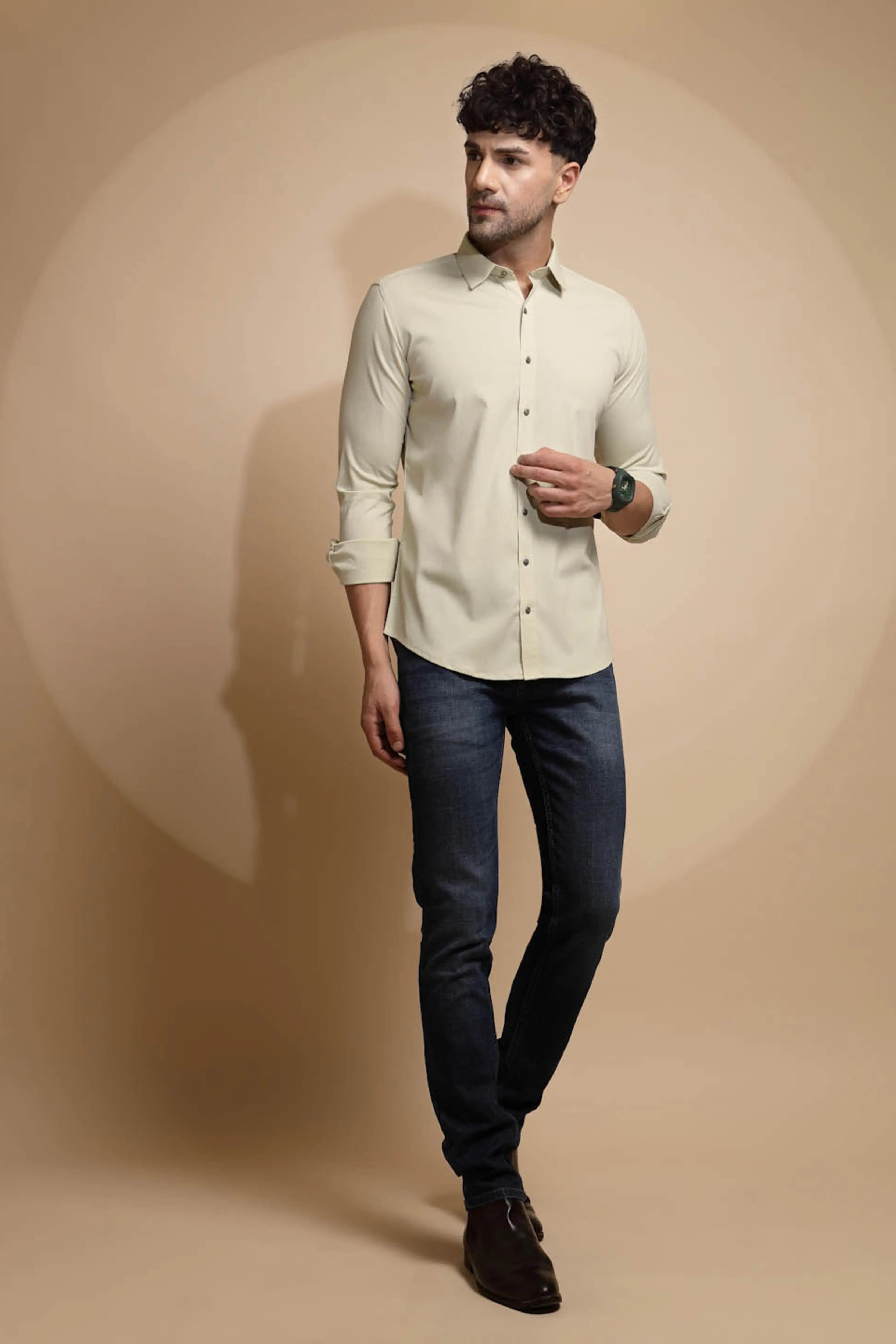 Off White Solid Full Sleeve Collared Neck Shirt