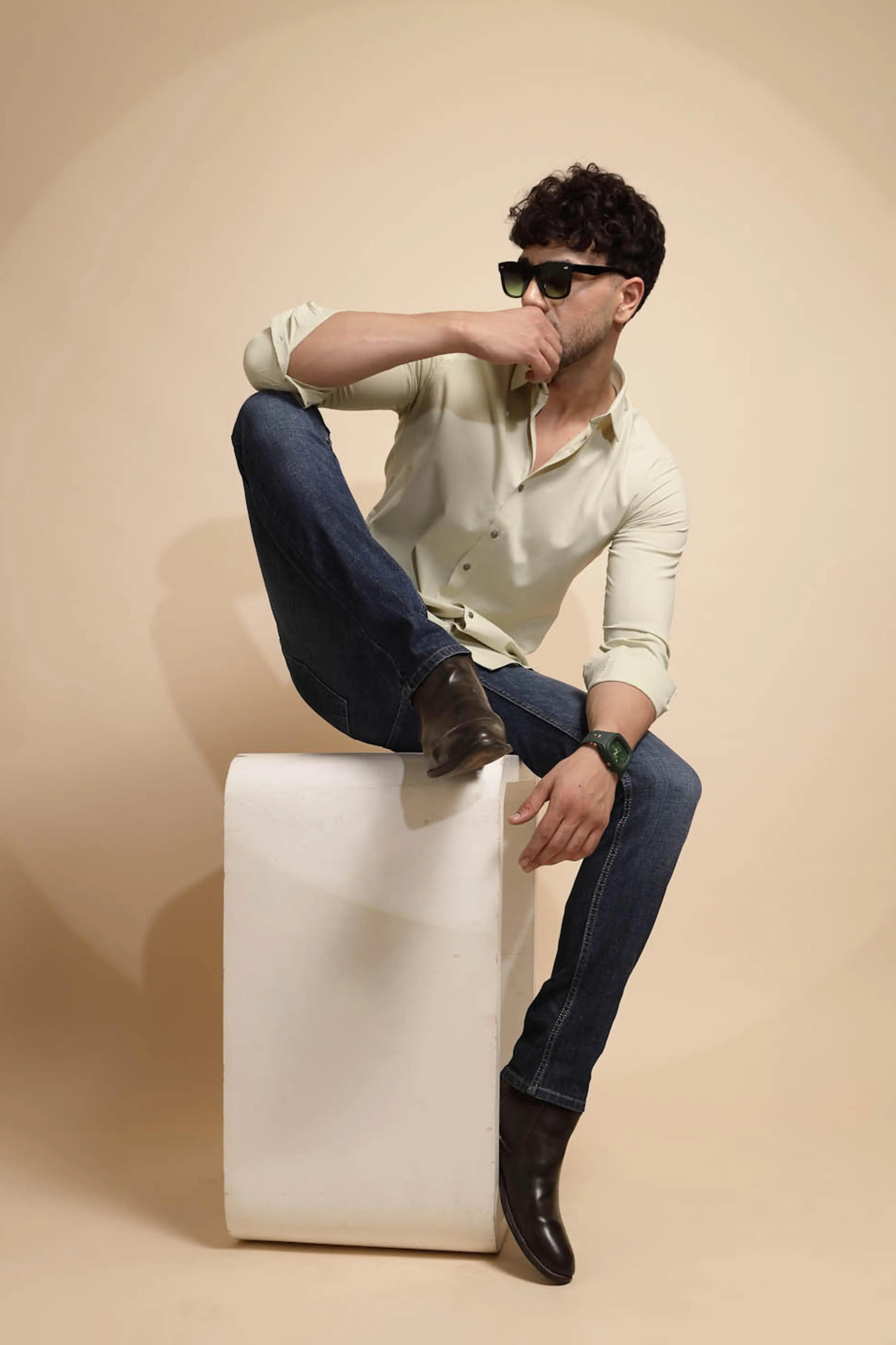 Off White Solid Full Sleeve Collared Neck Shirt