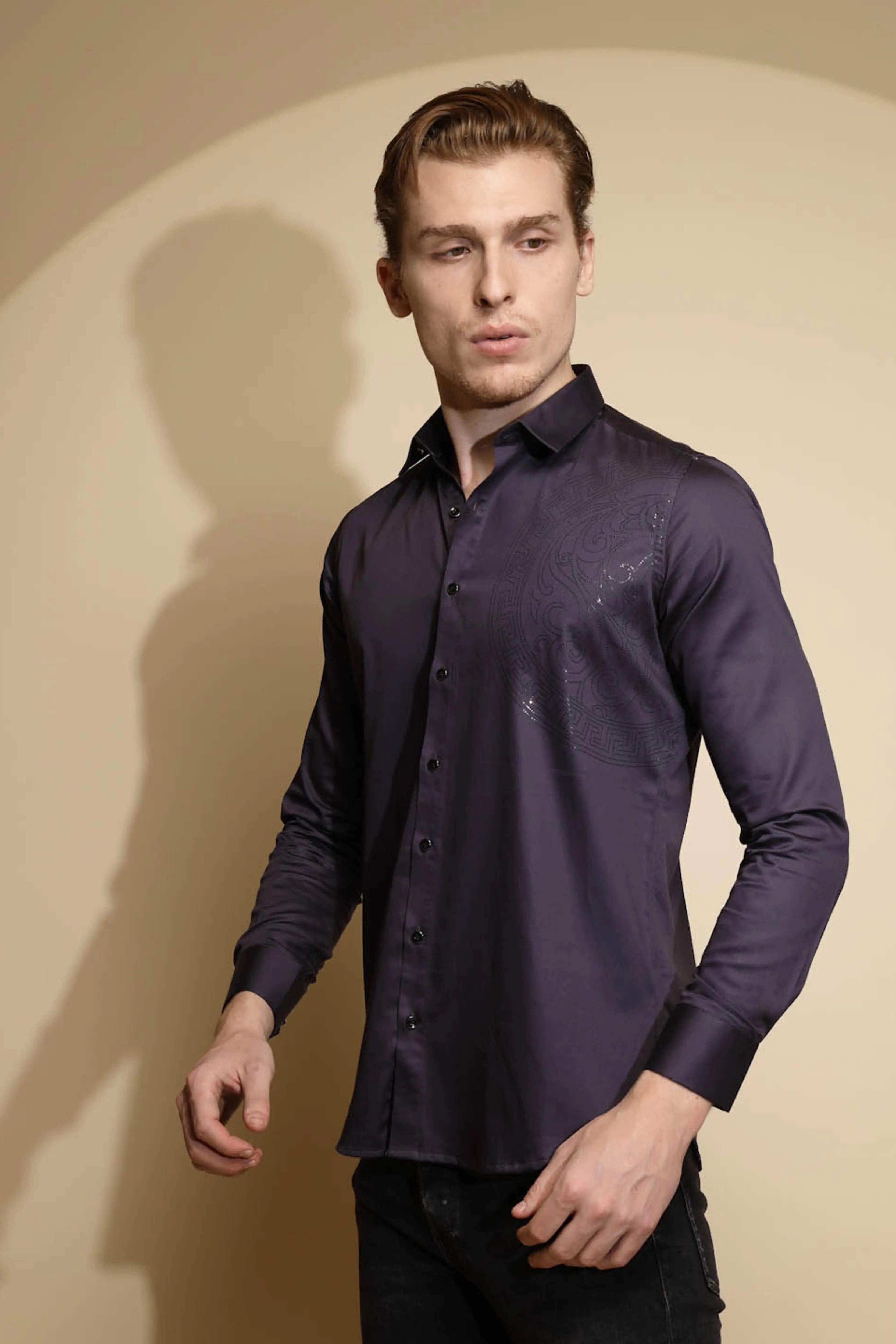 Dark Grey Solid Full Sleeve Collar Neck Cotton Blend Shirt - Global Republic