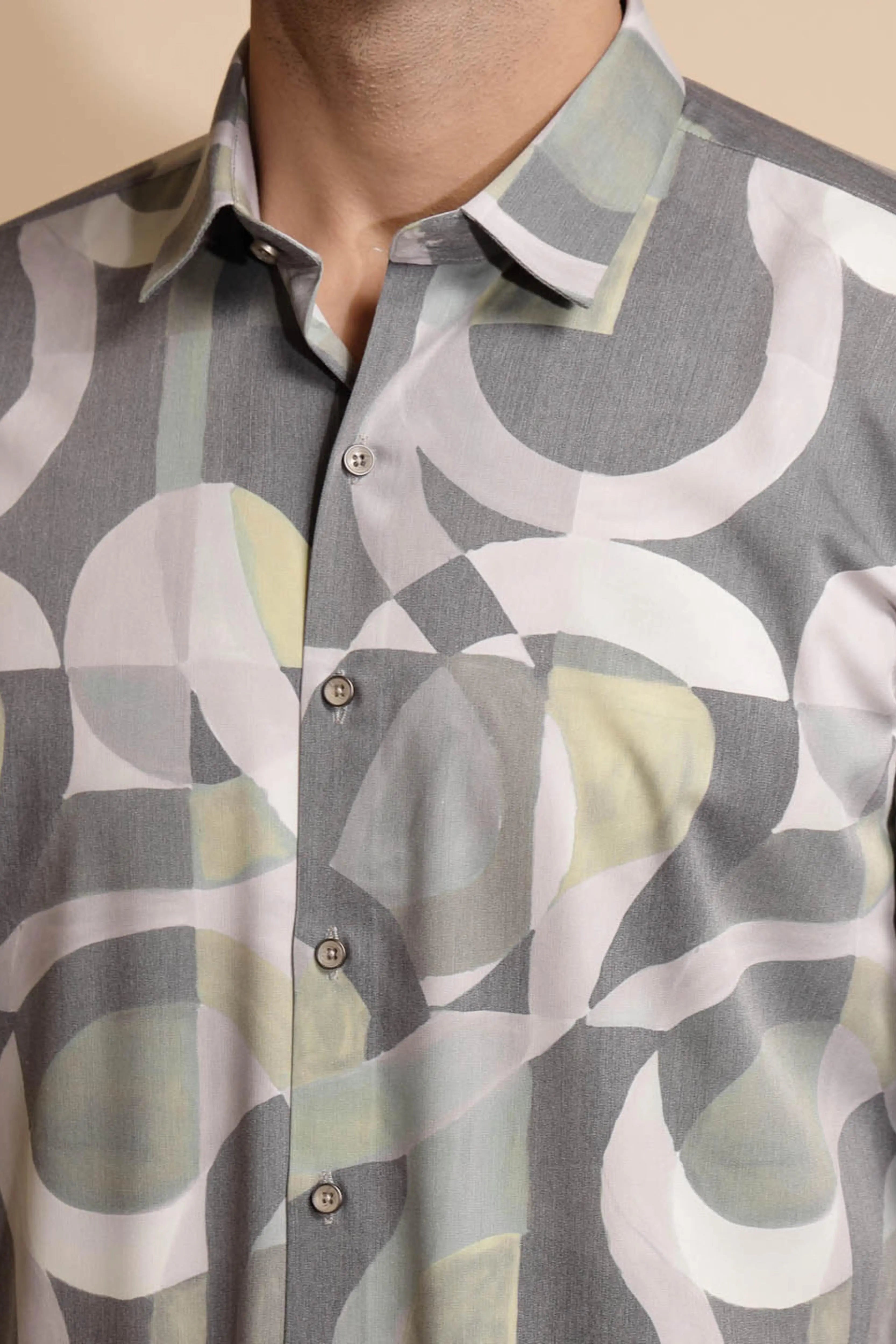Grey Printed Full Sleeve Collared Neck Blend Shirt - Global Republic