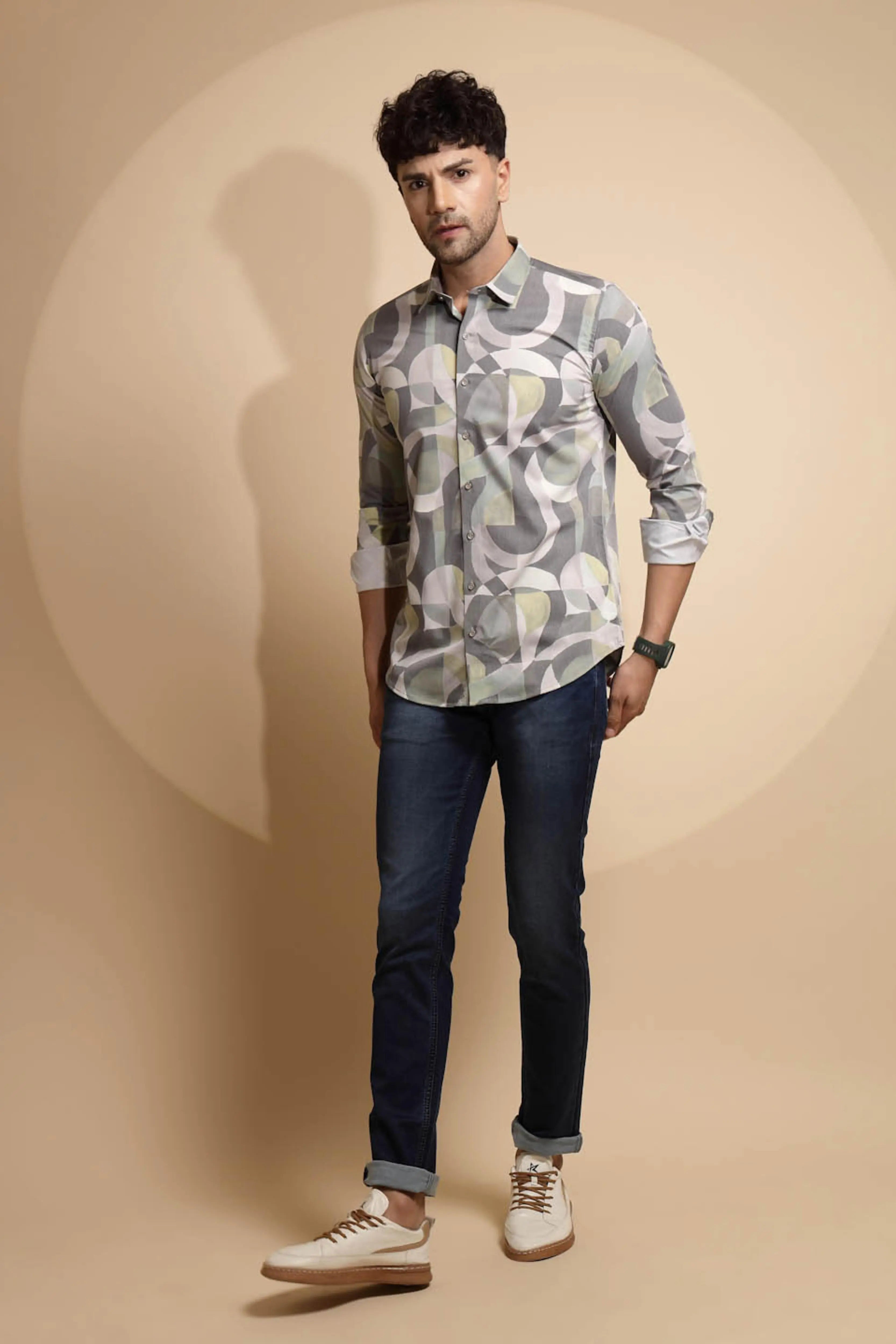 Grey Printed Full Sleeve Collared Neck Blend Shirt - Global Republic