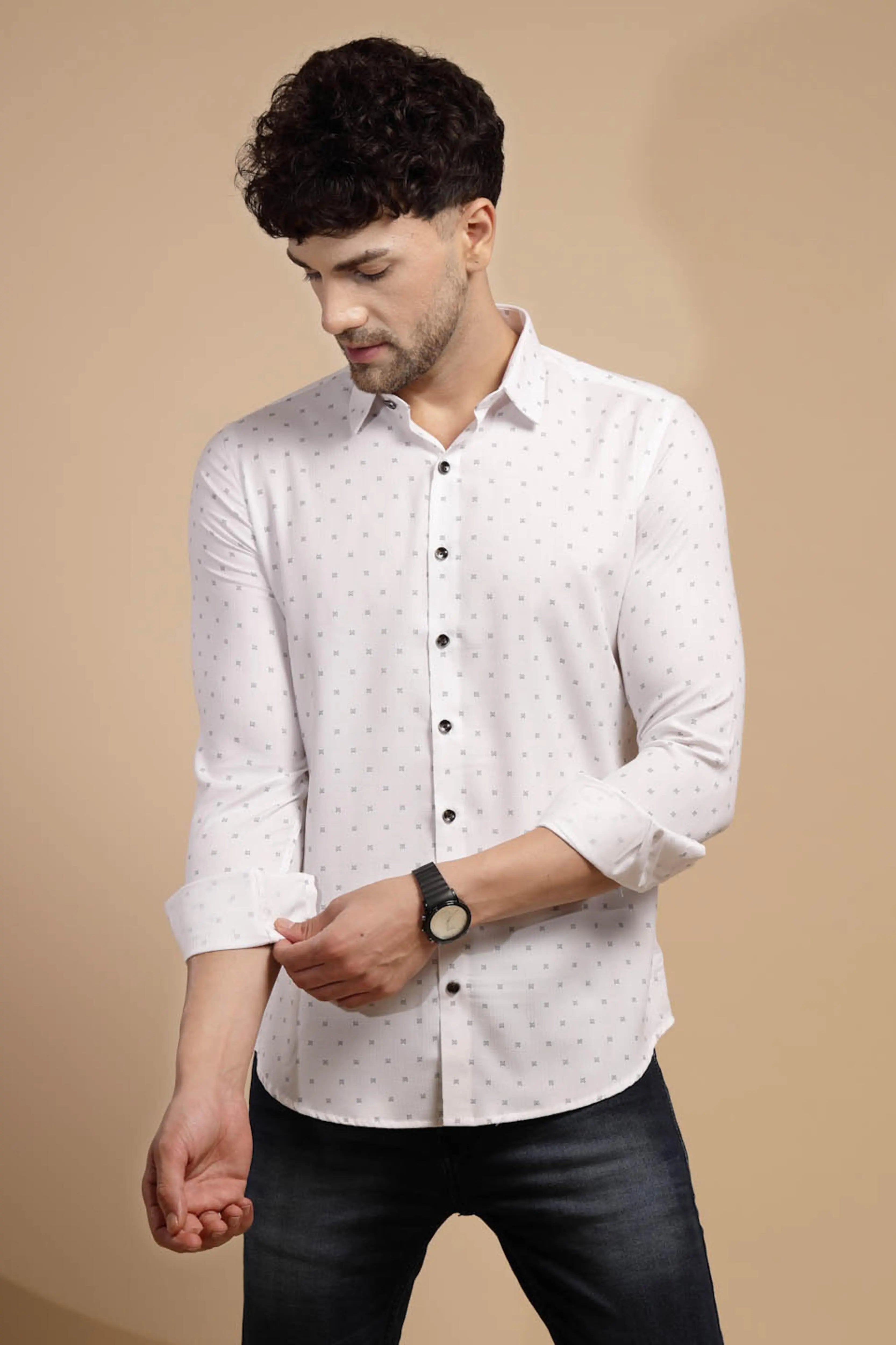 White Printed Full Sleeve Collared Neck Shirt - Global Republic