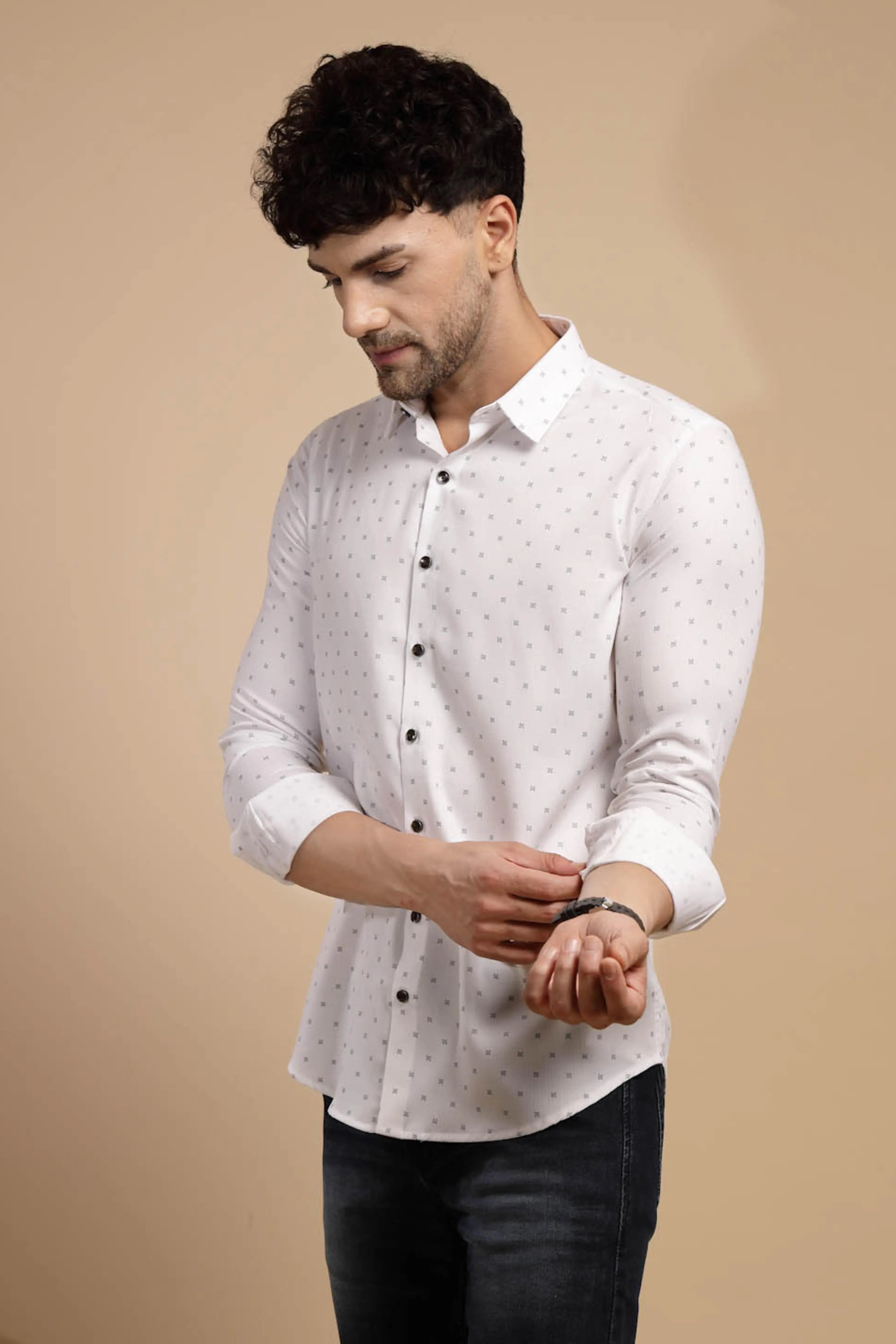 White Printed Full Sleeve Collared Neck Shirt - Global Republic