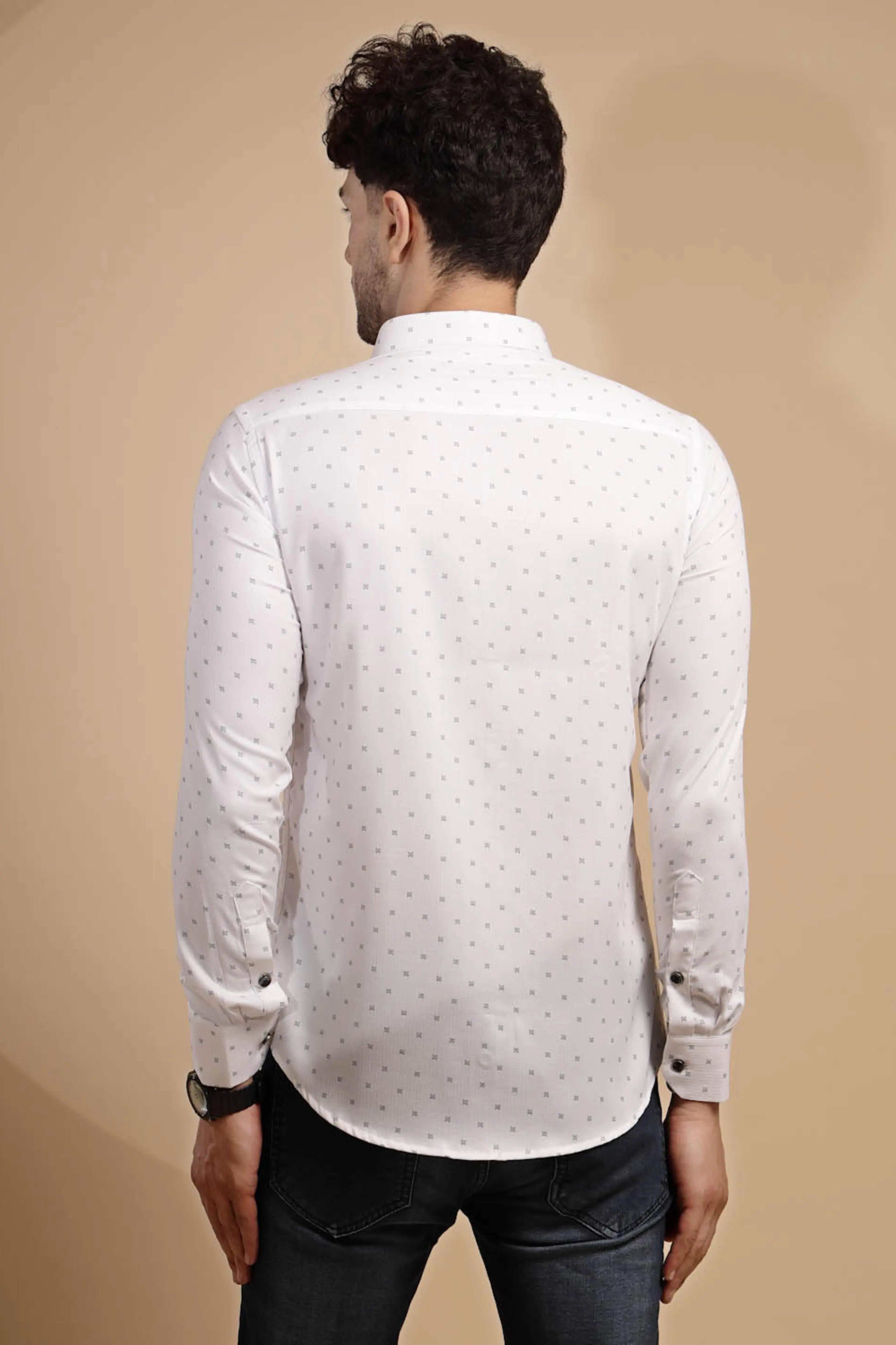 White Printed Full Sleeve Collared Neck Shirt - Global Republic