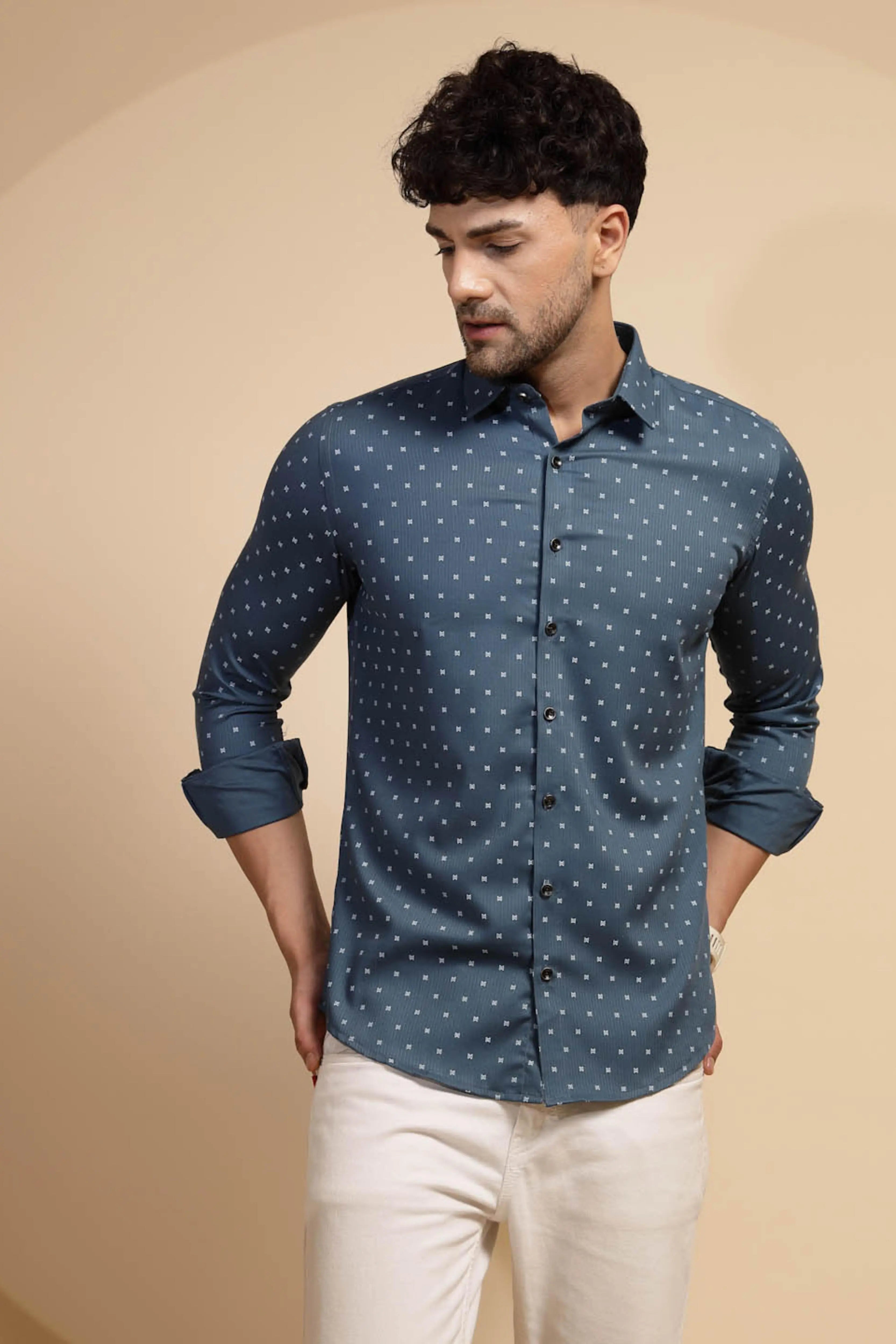 Blue Printed Full Sleeve Collared Neck Shirt - Global Republic