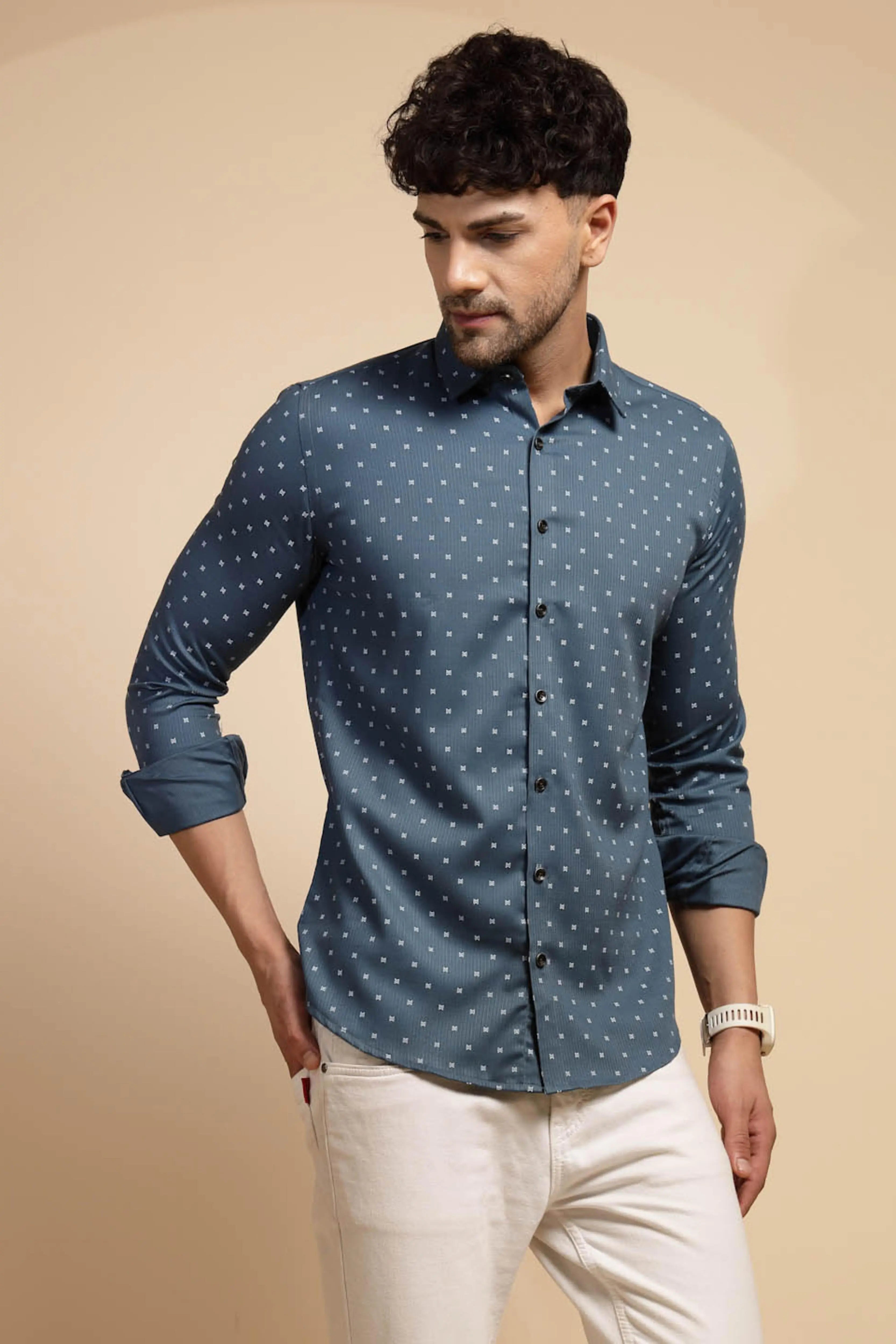 Blue Printed Full Sleeve Collared Neck Shirt - Global Republic