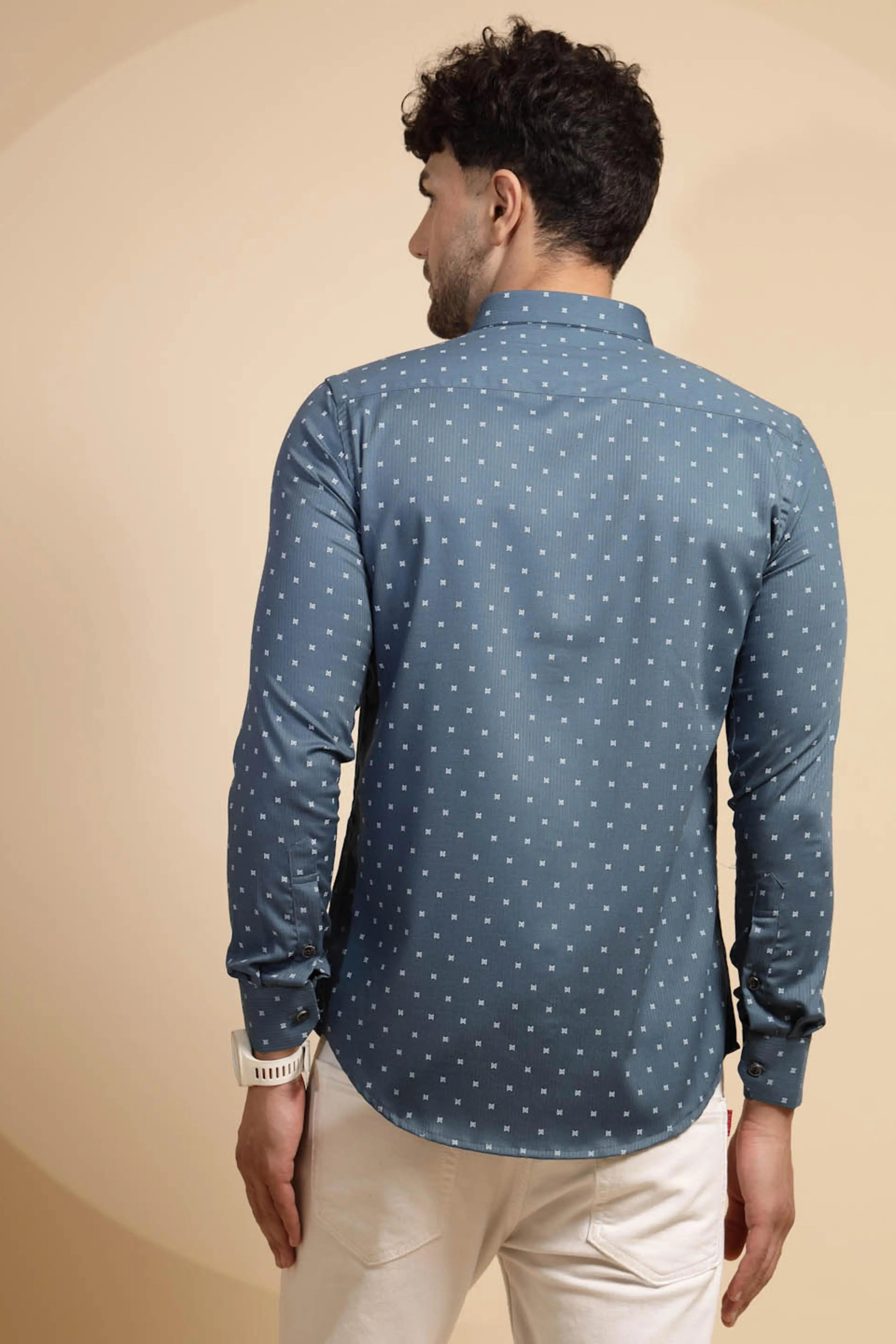 Blue Printed Full Sleeve Collared Neck Shirt - Global Republic