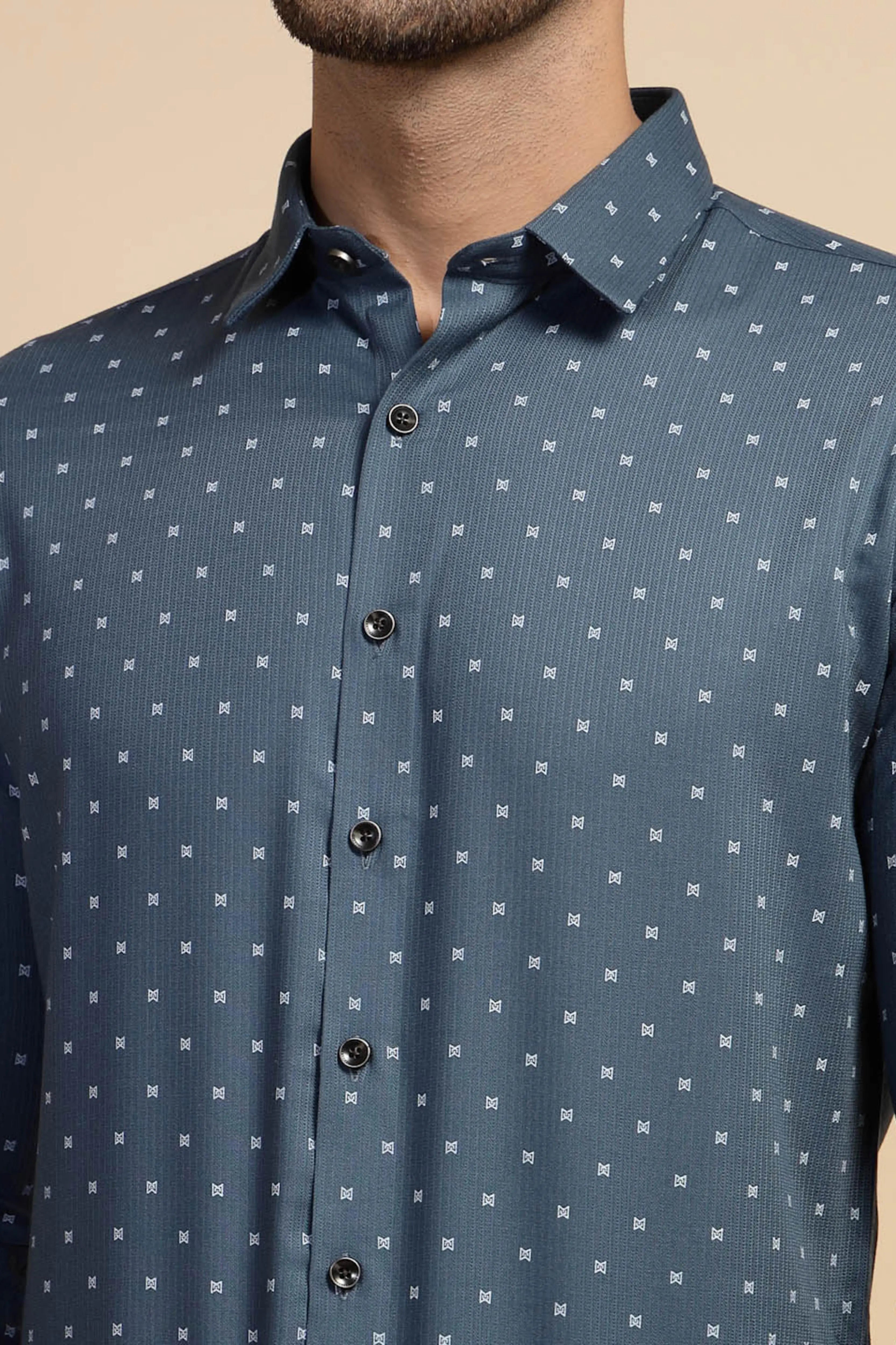 Blue Printed Full Sleeve Collared Neck Shirt - Global Republic