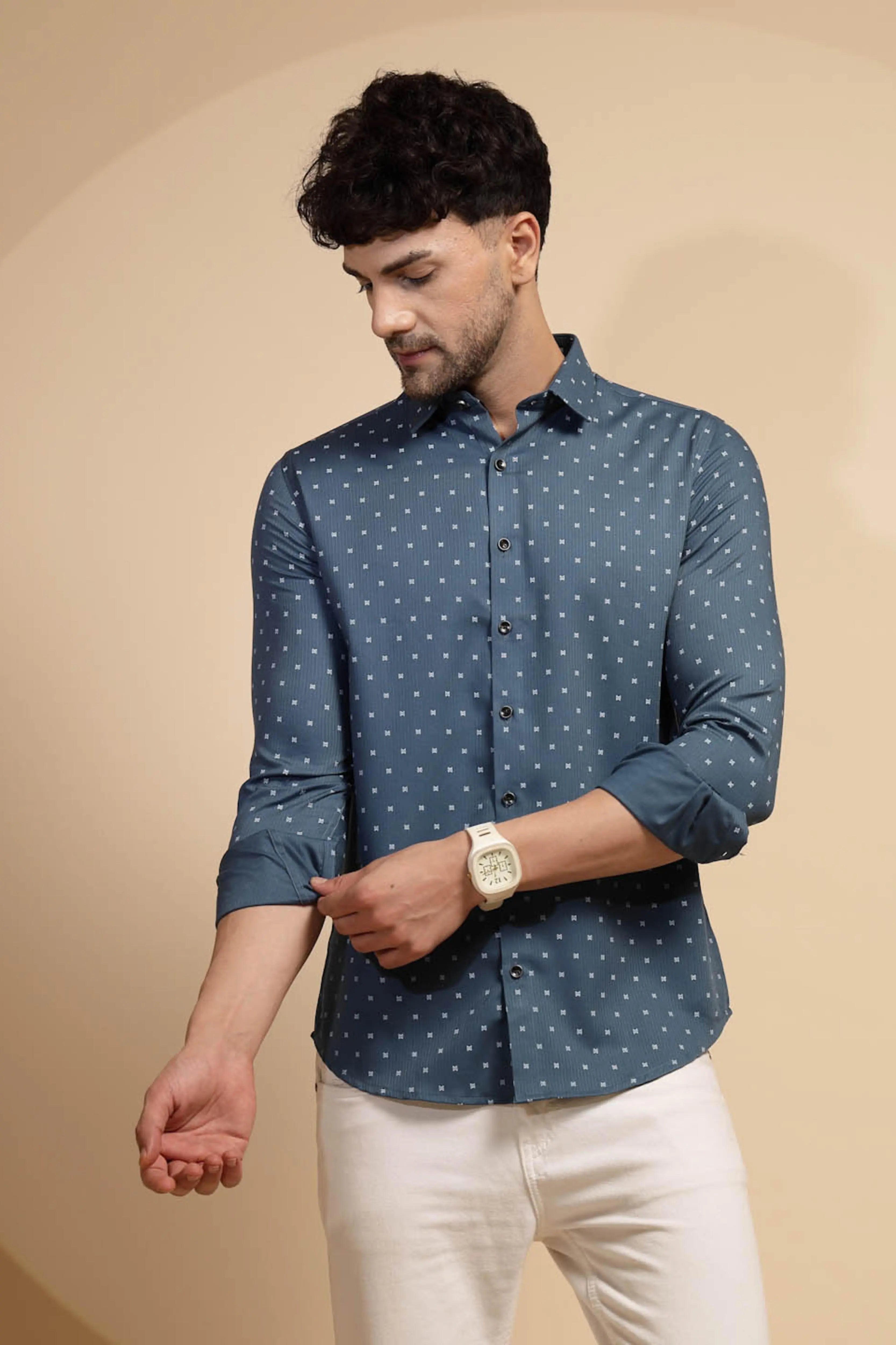 Blue Printed Full Sleeve Collared Neck Shirt - Global Republic