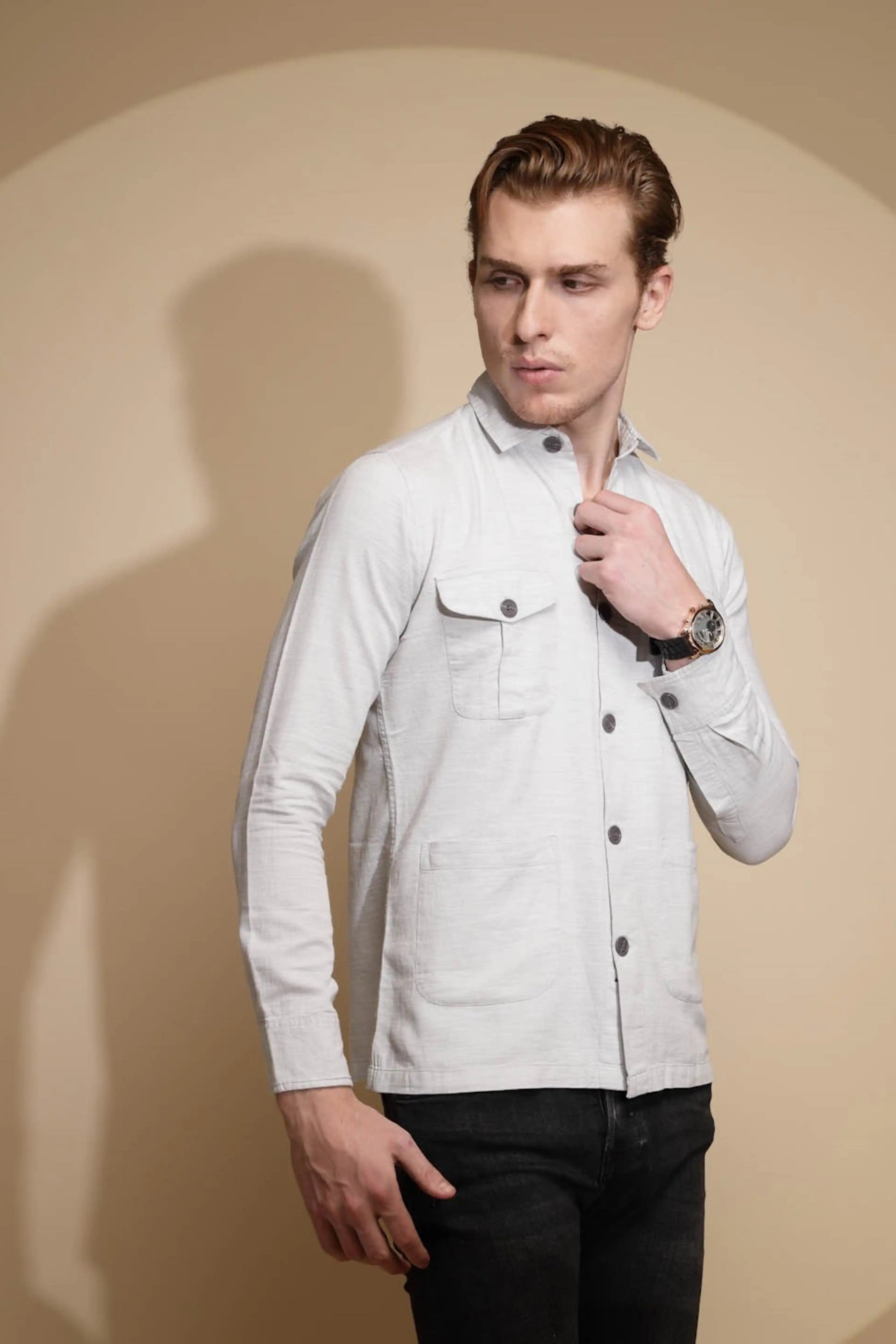 Grey Solid Cotton Shacket