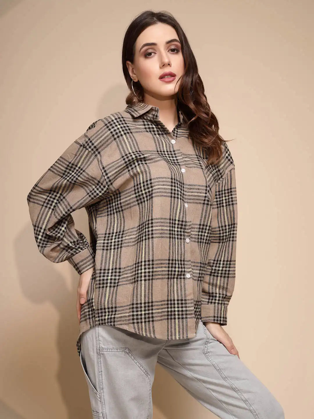 Beige Solid Collared Neck Cotton Check Shirt - Global Republic