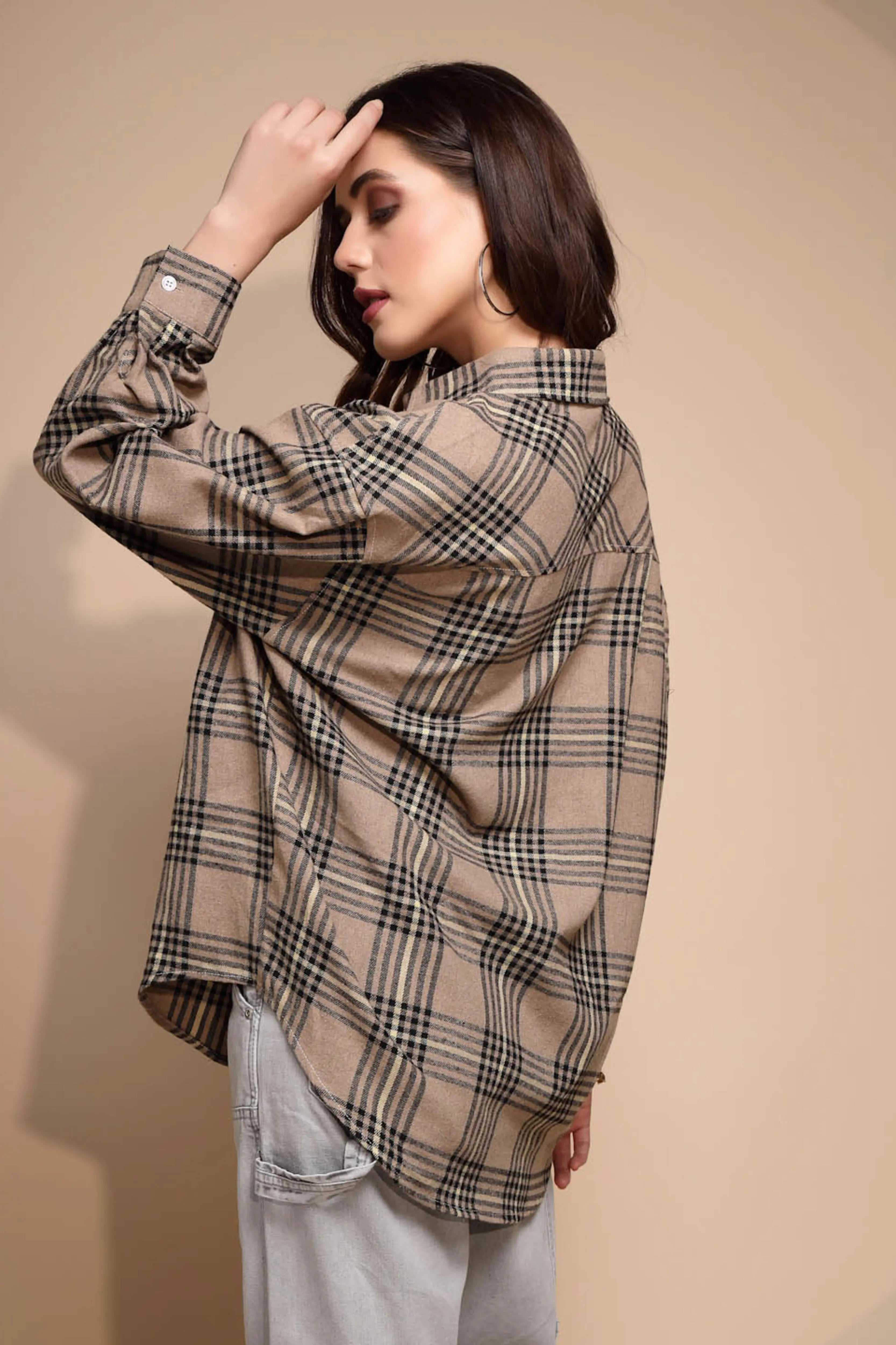 Beige Solid Collared Neck Cotton Check Shirt - Global Republic