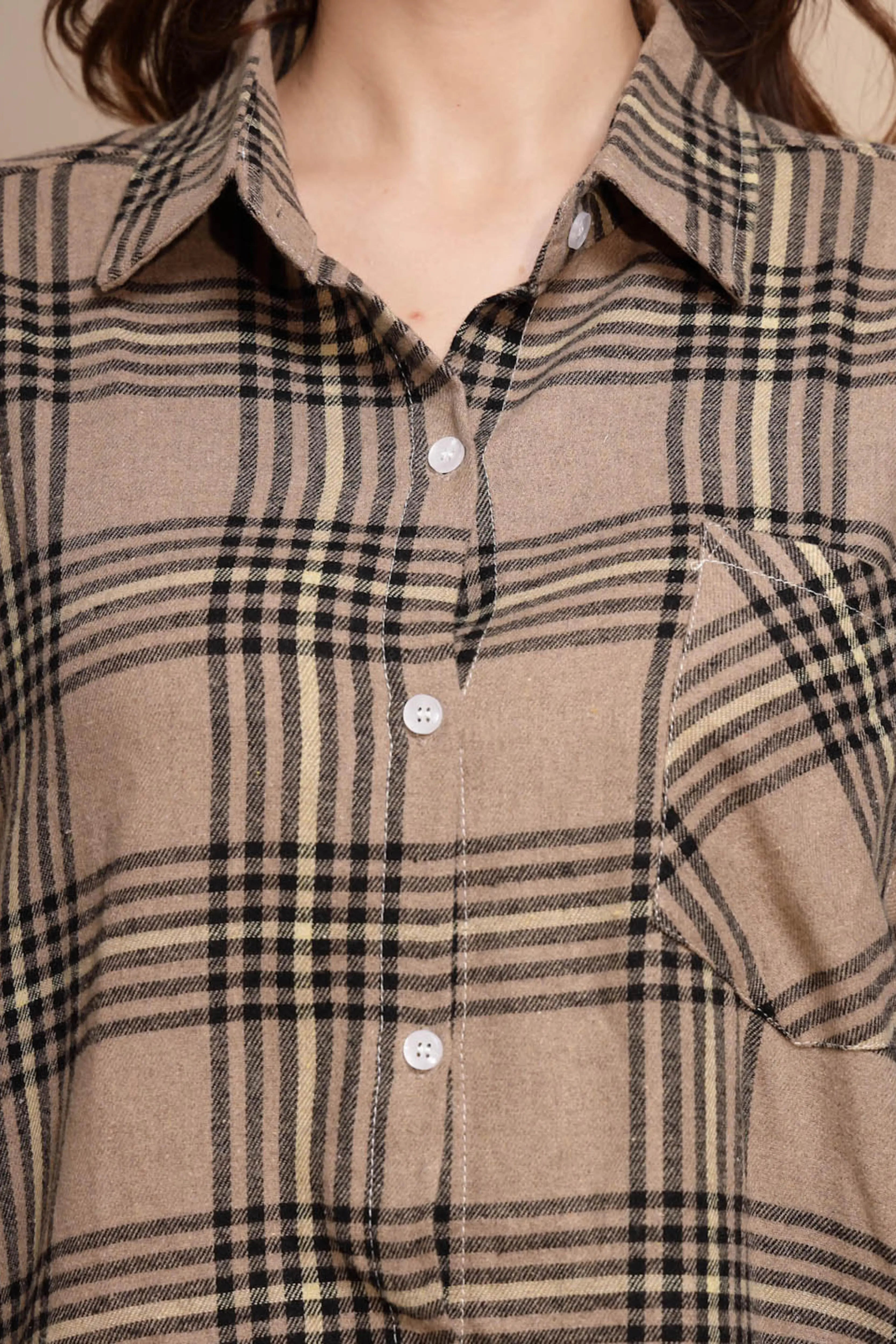 Beige Solid Collared Neck Cotton Check Shirt - Global Republic