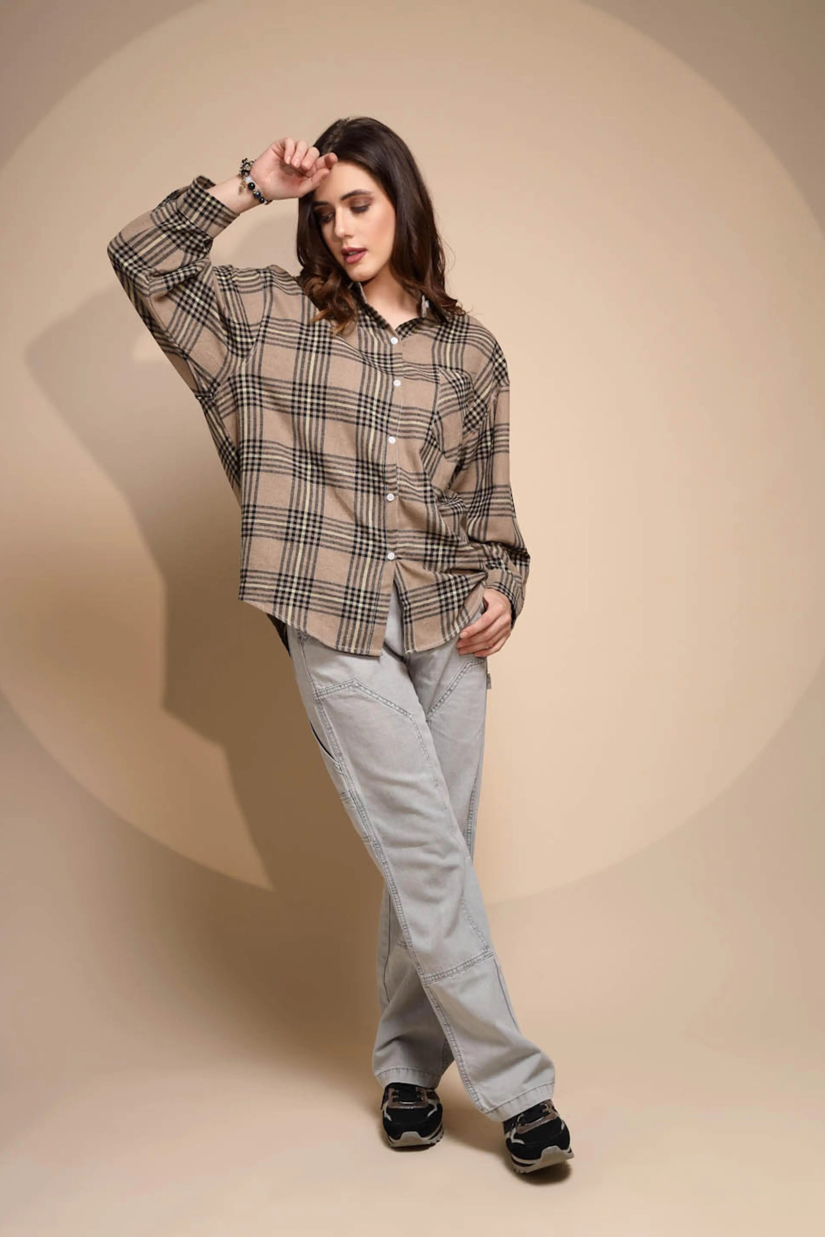 Beige Solid Collared Neck Cotton Check Shirt - Global Republic