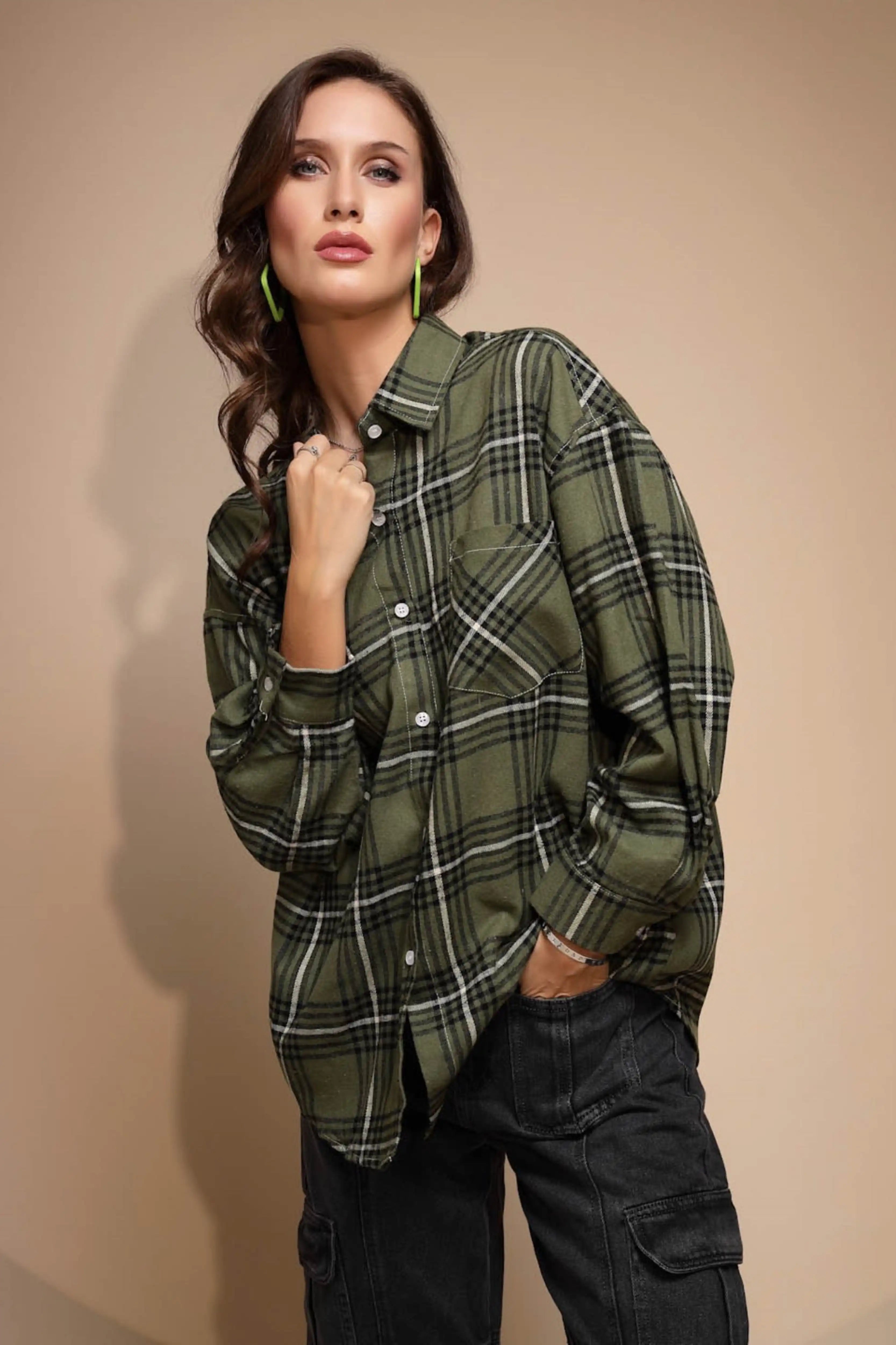 Green Check Loose Cotton Shirt