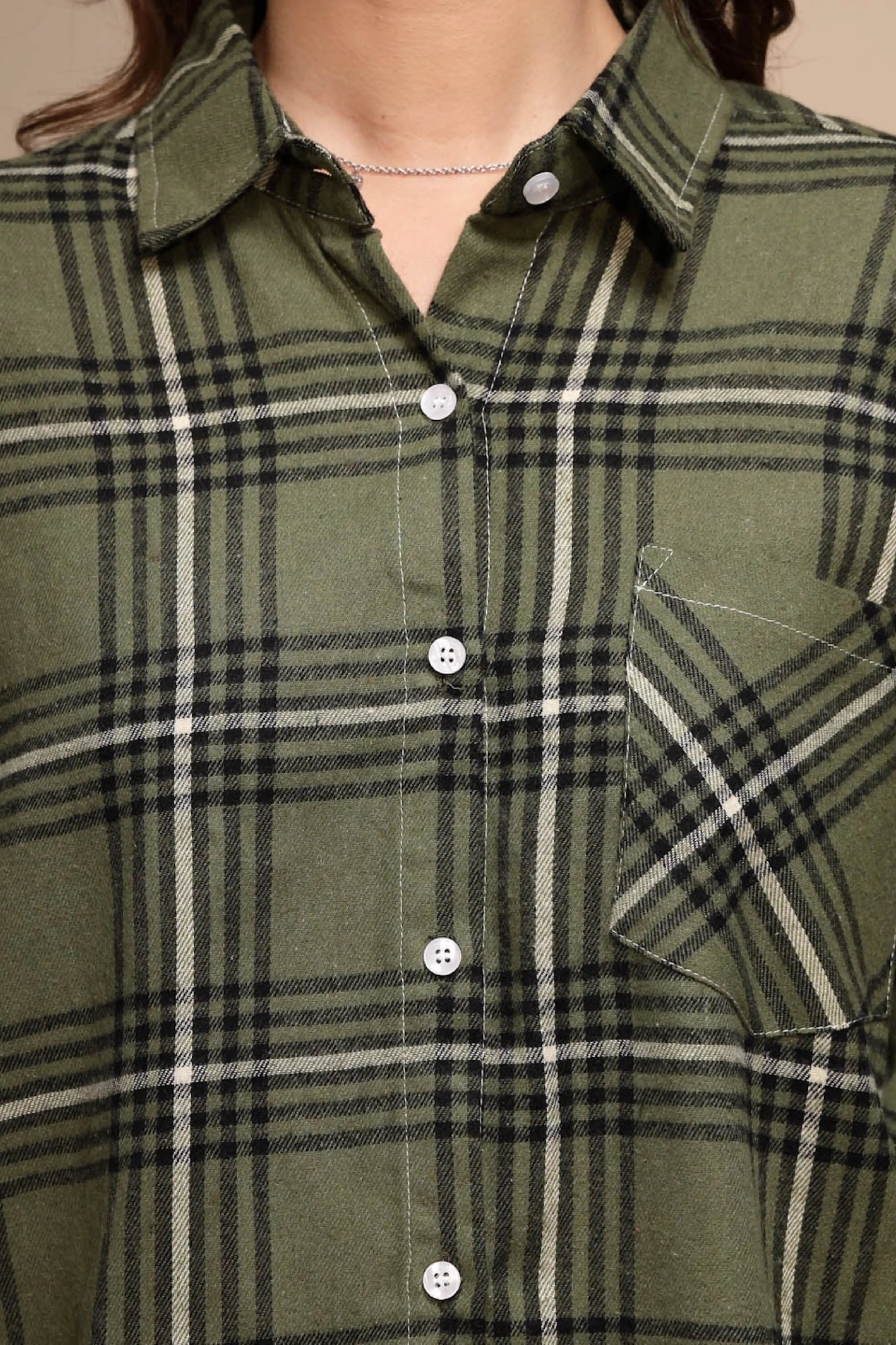 Green Check Loose Cotton Shirt