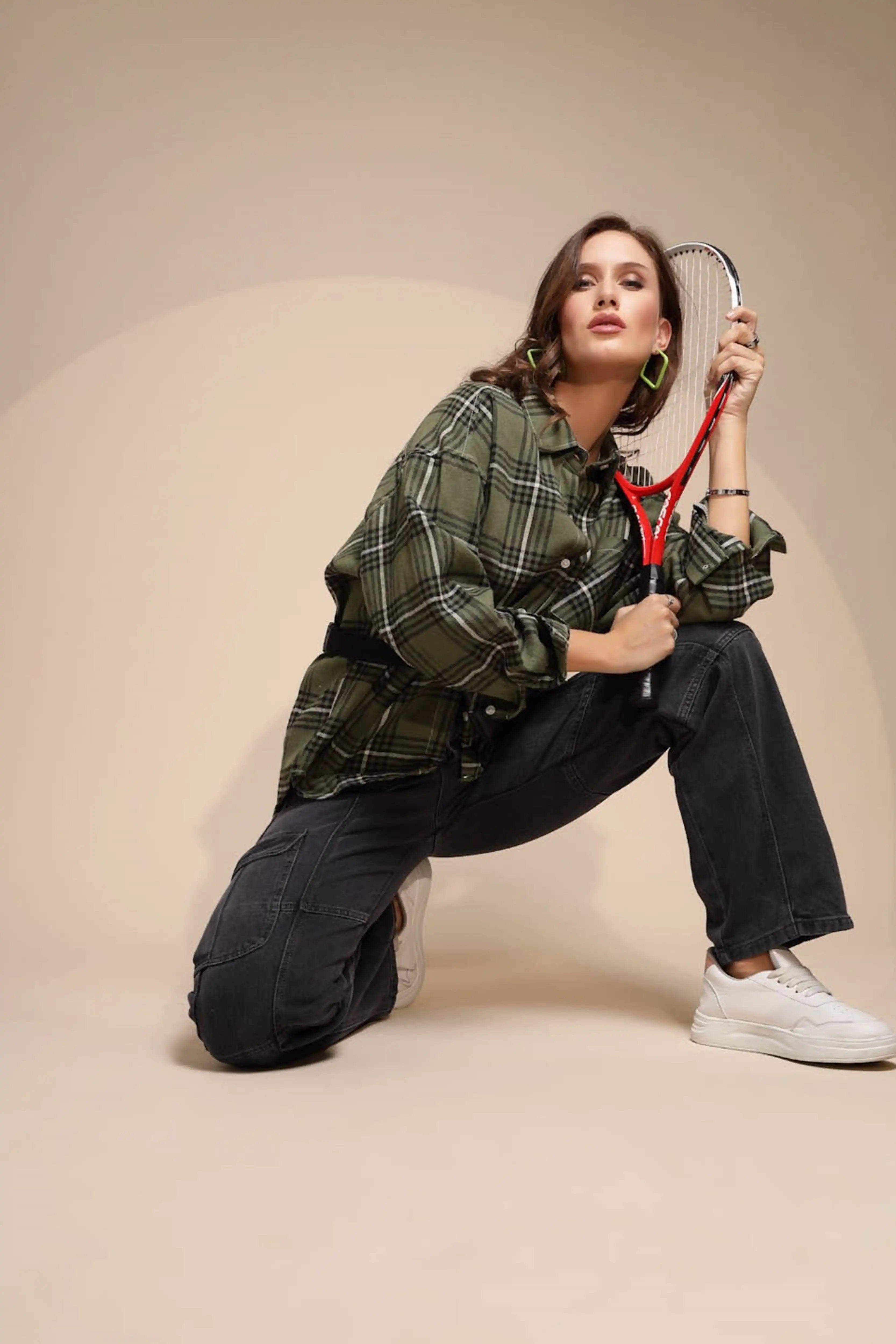 Green Check Loose Cotton Shirt