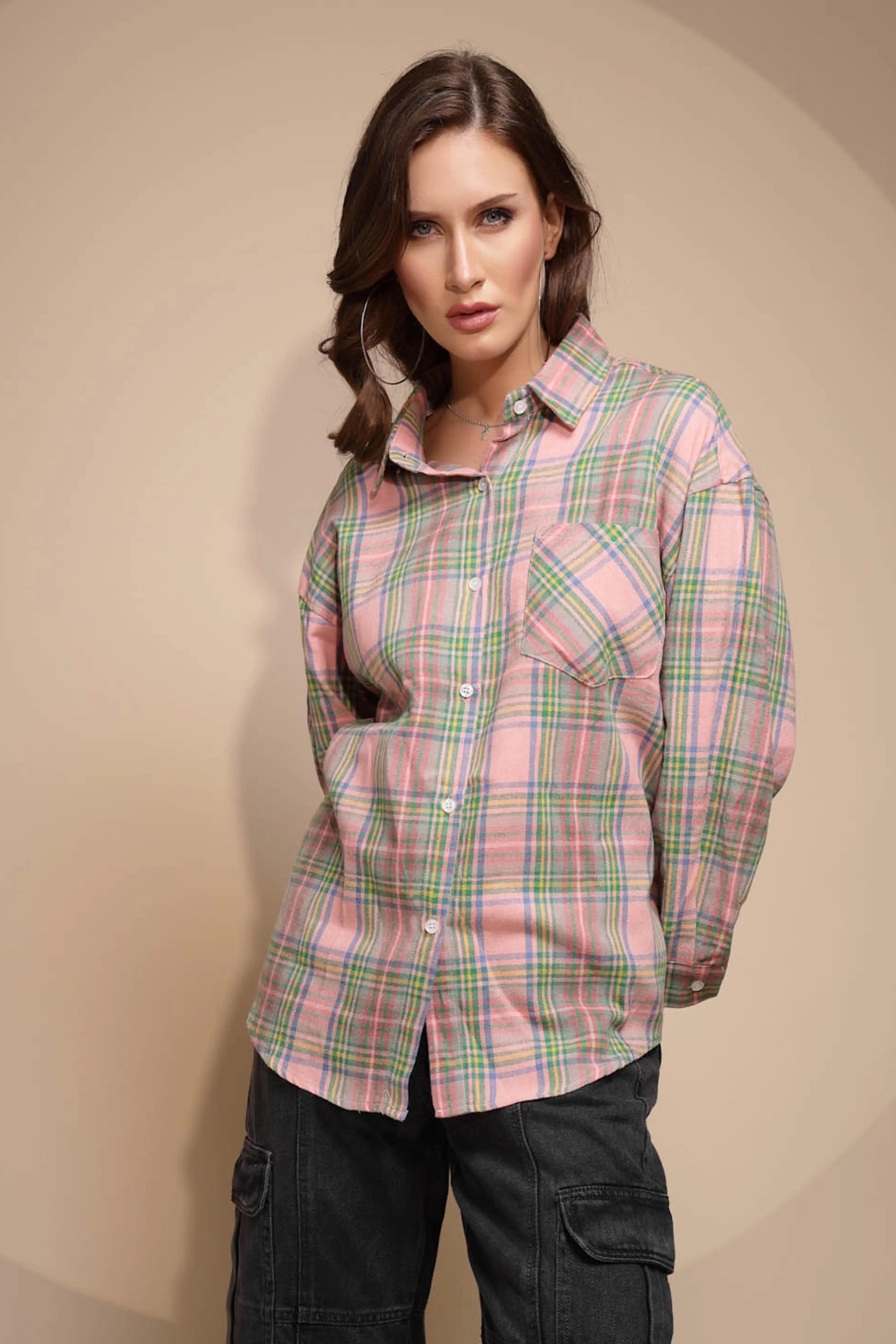 Pink Solid Collared Neck Cotton Check Shirt - Global Republic