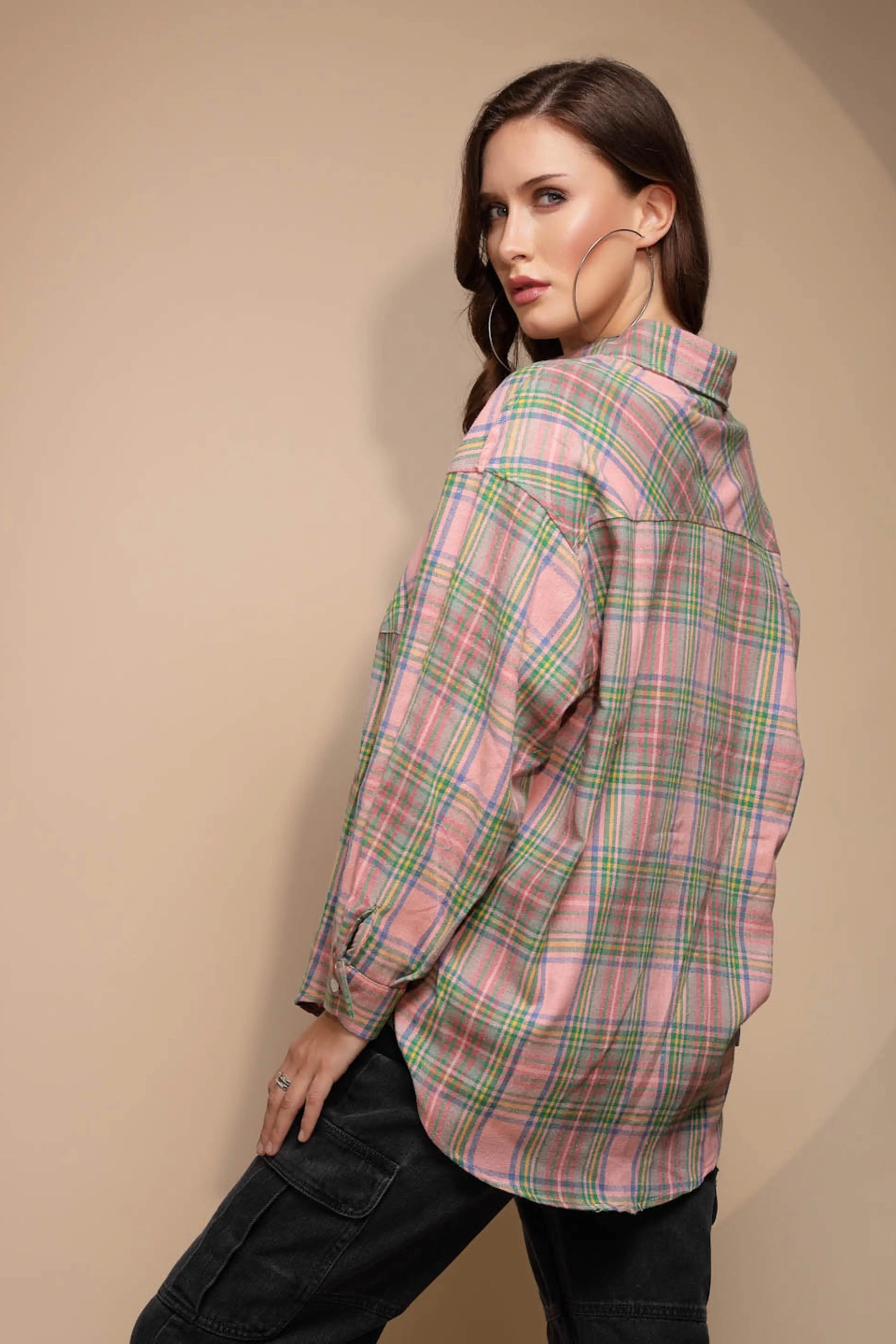 Pink Solid Collared Neck Cotton Check Shirt - Global Republic